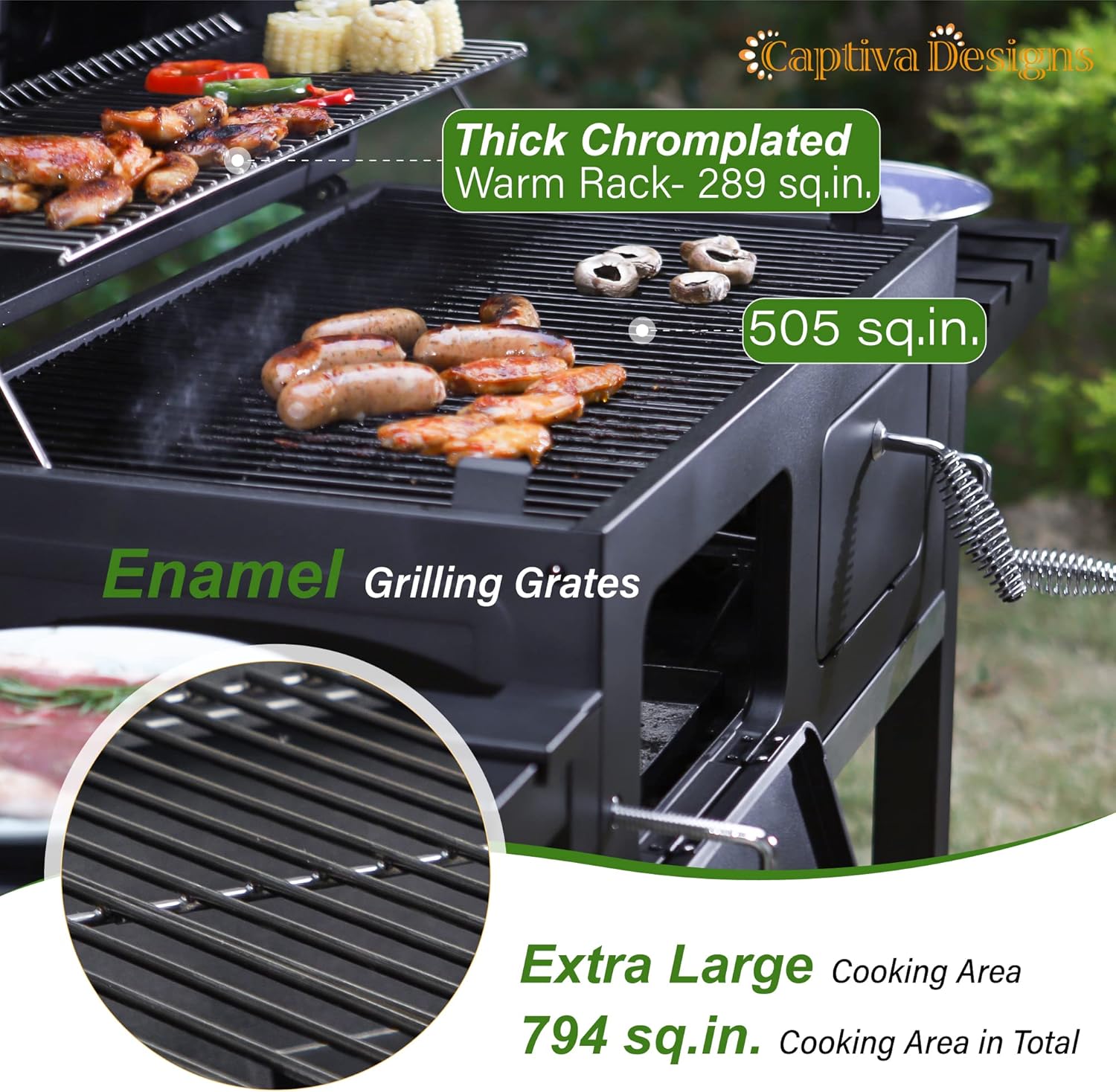 Captiva Designs Extra Large Charcoal BBQ Grill with Oversize Cooking Area(794 SQIN), Outdoor Cooking Grill with 2 Individual Lifting Charcoal Trays and 2 Foldable Side Tables customer photo 2