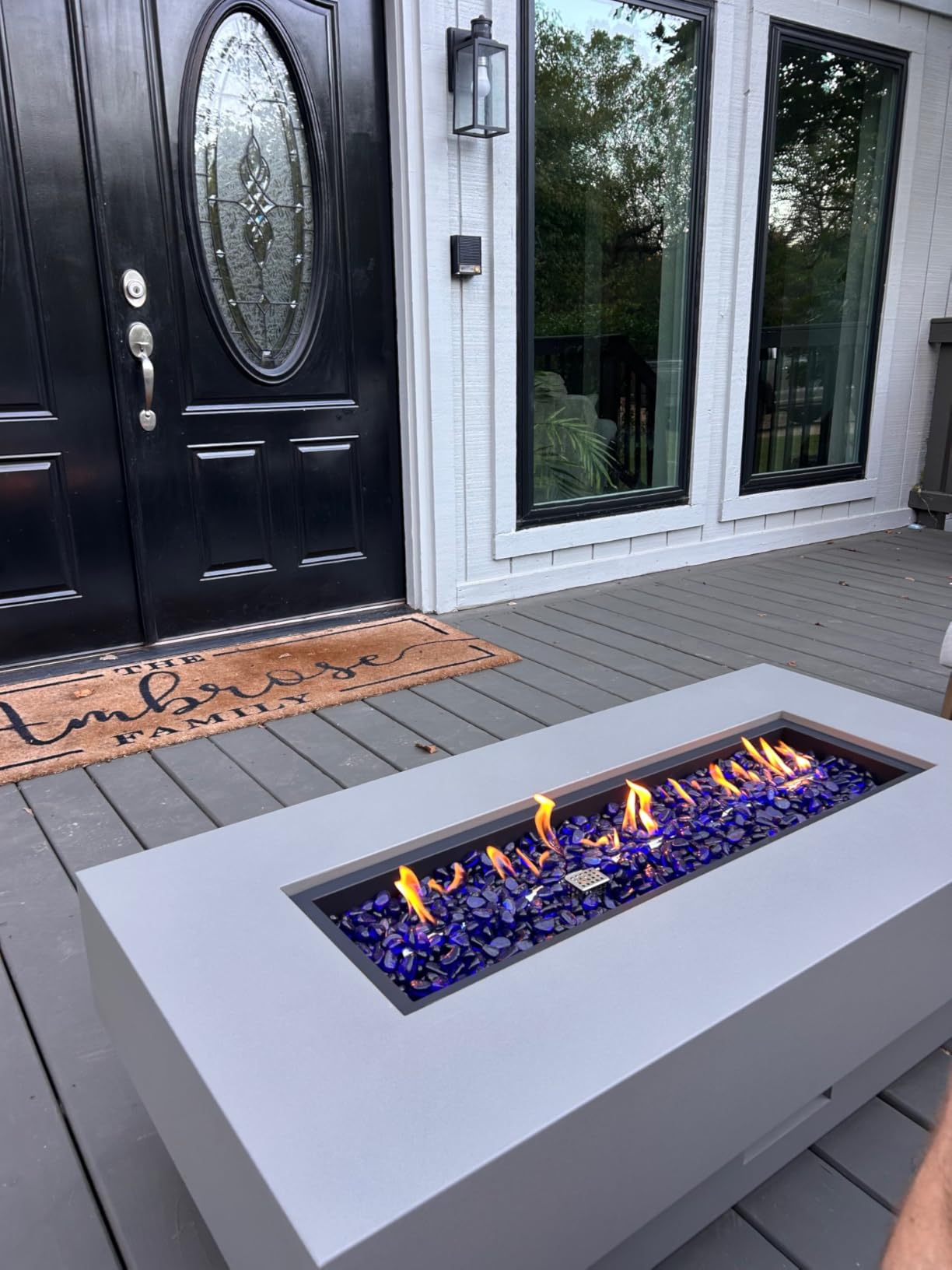 Propane Outdoor Fire Pit Table, Flint & Concrete Look 32-inch Round Patio Propane Fire Table 50,000 BTU w/Lid, Glass Rocks, Cover, Pre-Attached 10ft Hose customer photo 2