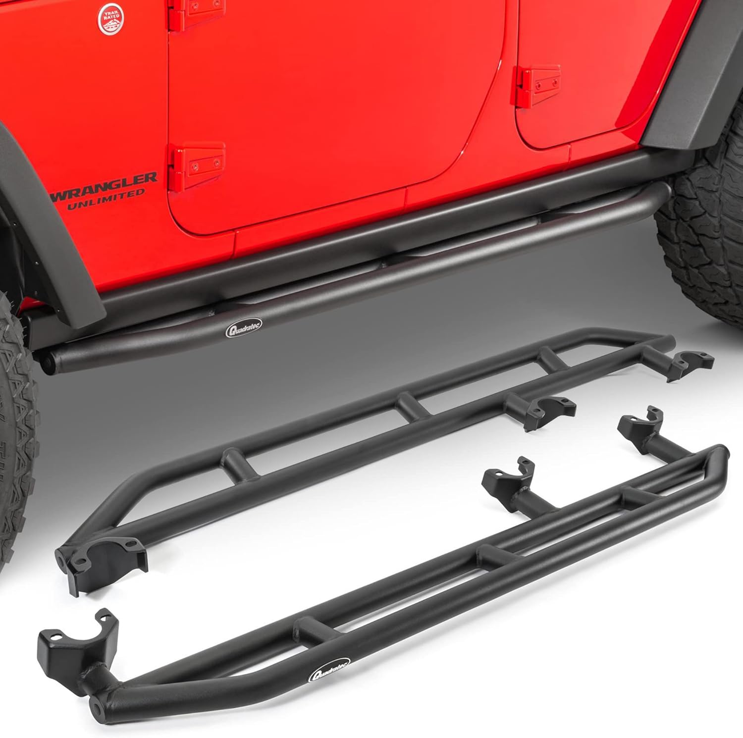 Quadratec QRC Rock Sliders, Set of 2 - Fits Jeep Wrangler Rubicon JK 2007-2018 - Fits with Your Factory Rubicon Rock Rails - Solid Welded One-Piece Design - Side Step Running Boards (4-Door) customer photo 1