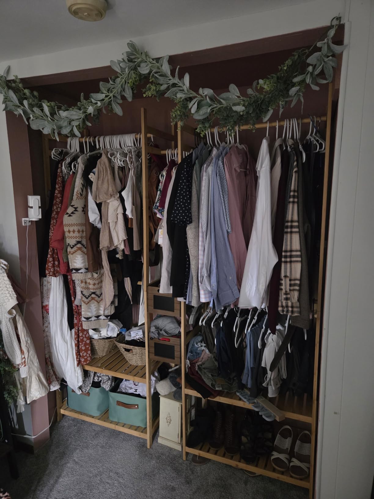 Homykic Bamboo Closet System Clothes Rack, Large Freestanding Garment Rack Clothing Rack for Hanging Clothes with 7 Storage Shelves and 5 Rods, Open Wardrobe Organizer with 4 Hooks, Natural customer photo 2