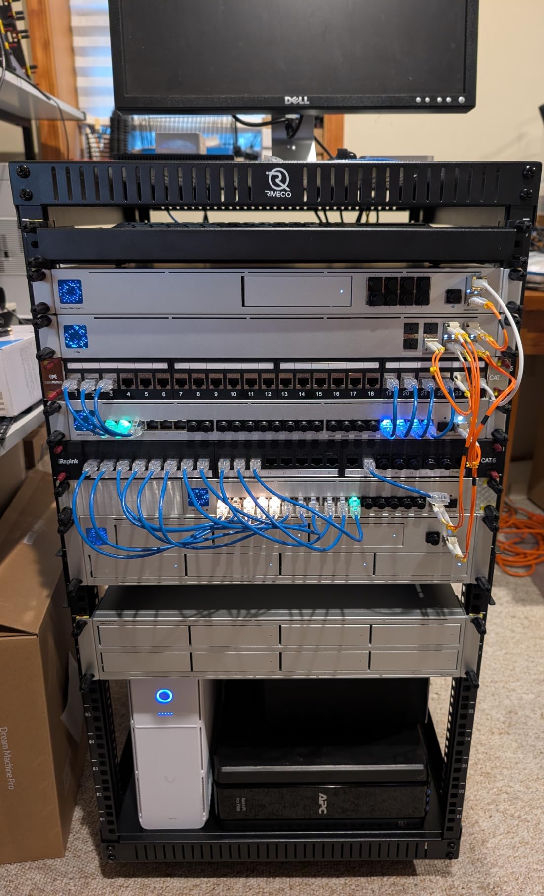 RIVECO 25U Network Rack with Reinforced Top Cover - 4 Post Floor Rack on Wheels for 19
