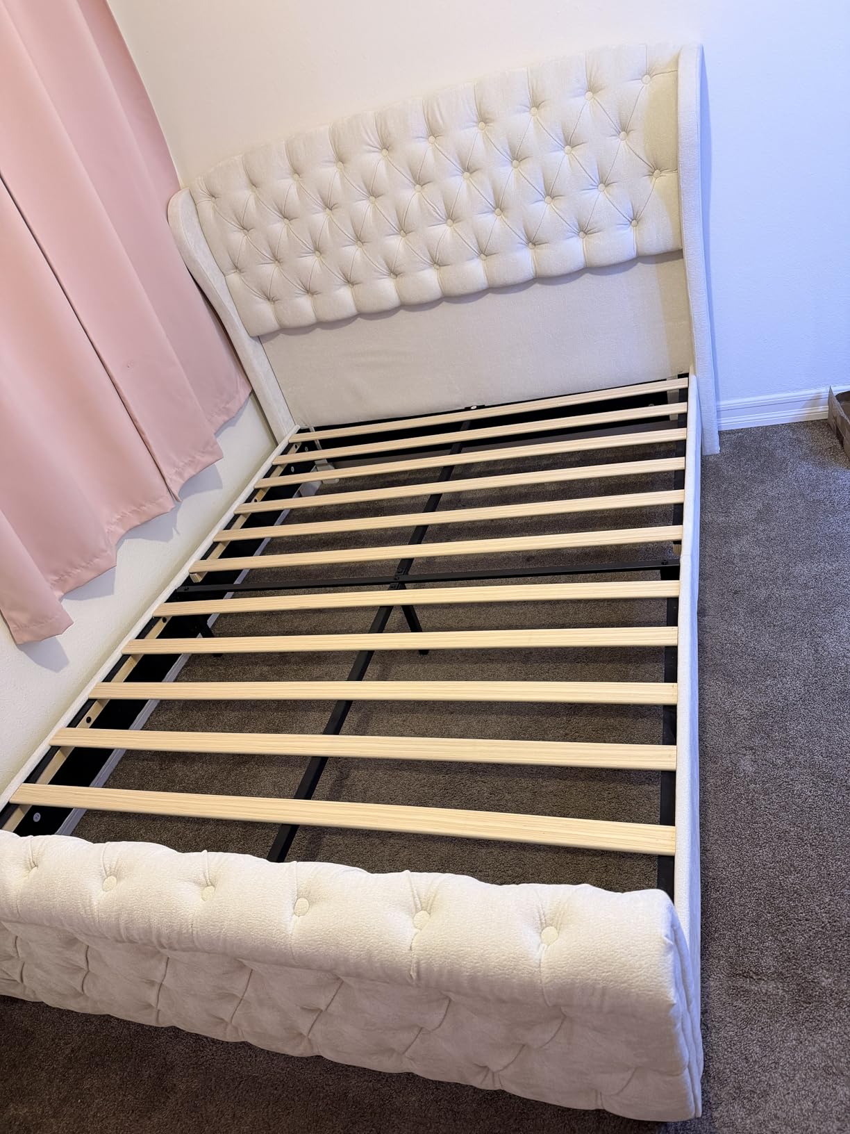 AMERLIFE King Size Platform Bed Frame, Chenille Upholstered Sleigh Bed with Scroll Wingback Headboard & Footboard/Button Tufted/No Box Spring Required/Cream customer photo 2