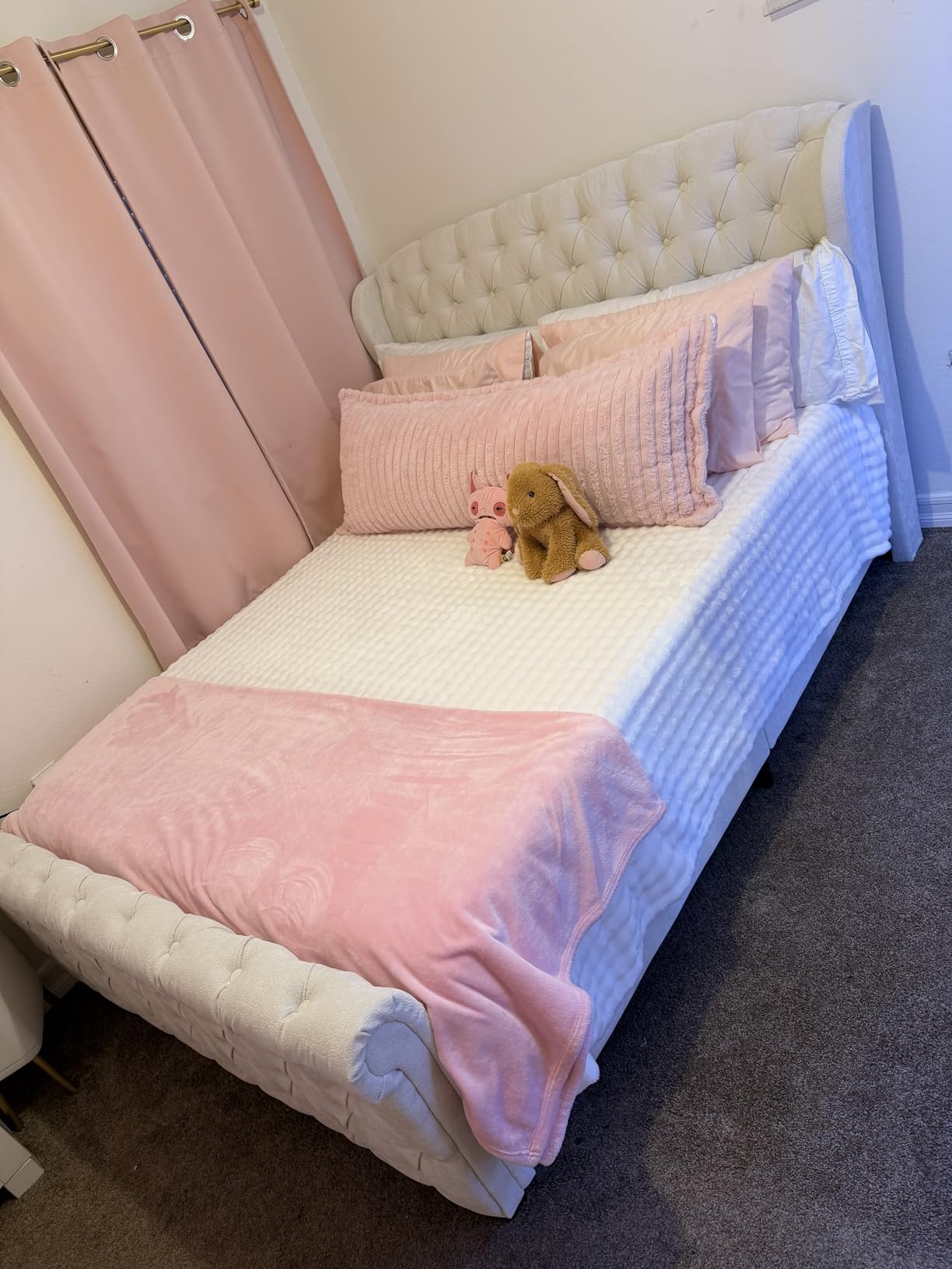 AMERLIFE Queen Size Platform Bed Frame, Chenille Upholstered Sleigh Bed with Scroll Wingback Headboard & Footboard/Button Tufted/No Box Spring Required/Cream customer photo 1