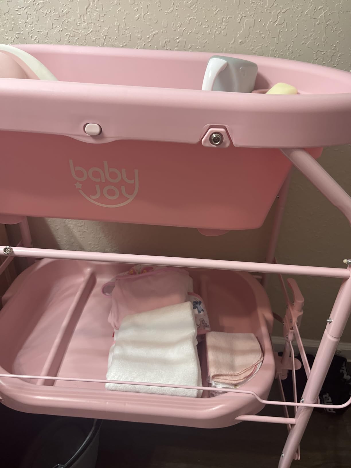 BABY JOY Baby Bathtub with Changing Table, Foldable Infant Diaper Changing Station with Storage Tray, Waterproof Pad, Portable Newborn Nursery Organizer Bath Stand with 4 Universal Wheels (Blue) customer photo 1