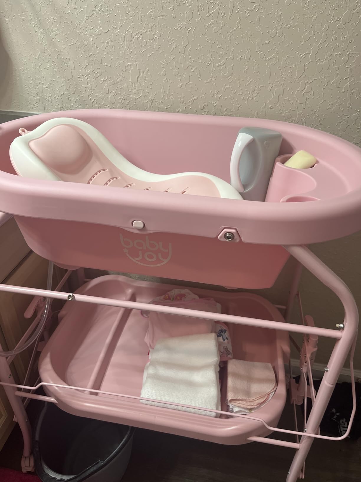 BABY JOY Baby Bathtub with Changing Table, Foldable Infant Diaper Changing Station with Storage Tray, Waterproof Pad, Portable Newborn Nursery Organizer Bath Stand with 4 Universal Wheels (Blue) customer photo 2