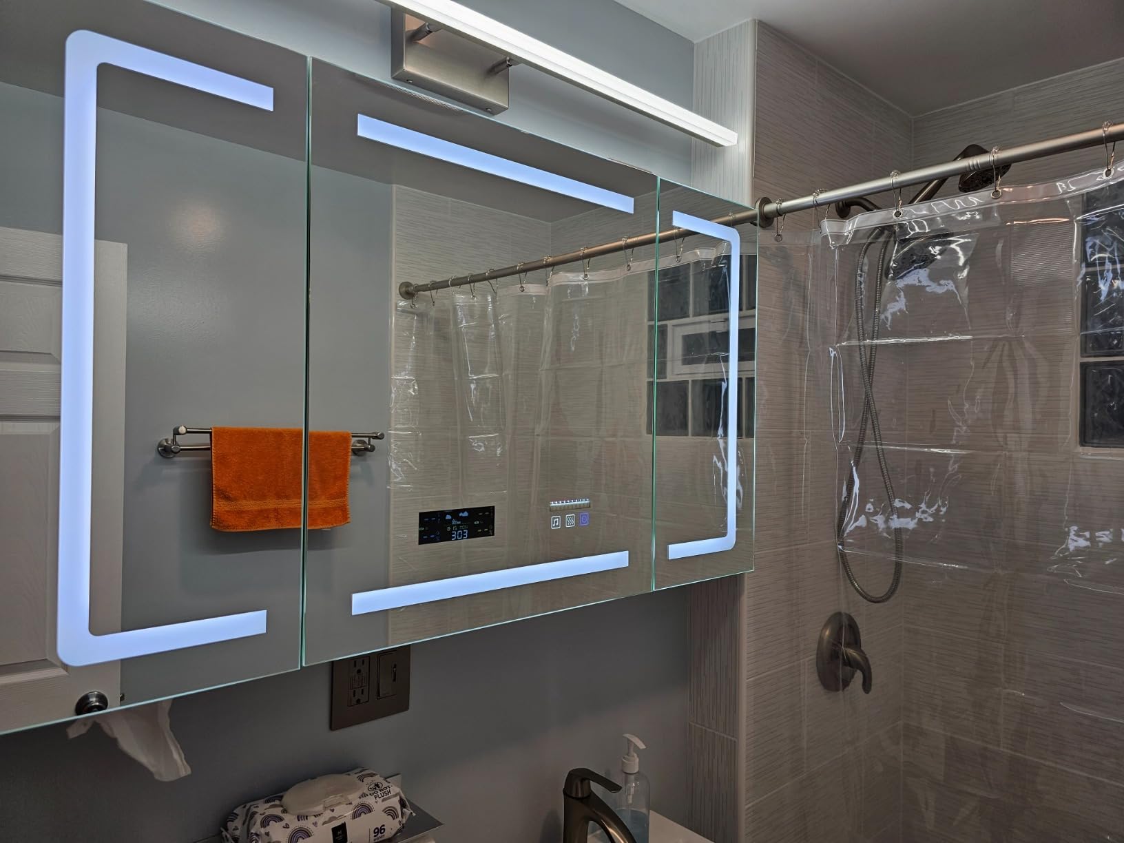FCH LED Medicine Cabinet with Smart Mirror, 48 Wide Bathroom Medicine Cabinet with Bluetooth & Speaker, Clock, Room Temp Display, Defog, Stepless Dimming, 3-Color Temper Change, Outlets & USBs customer photo 1