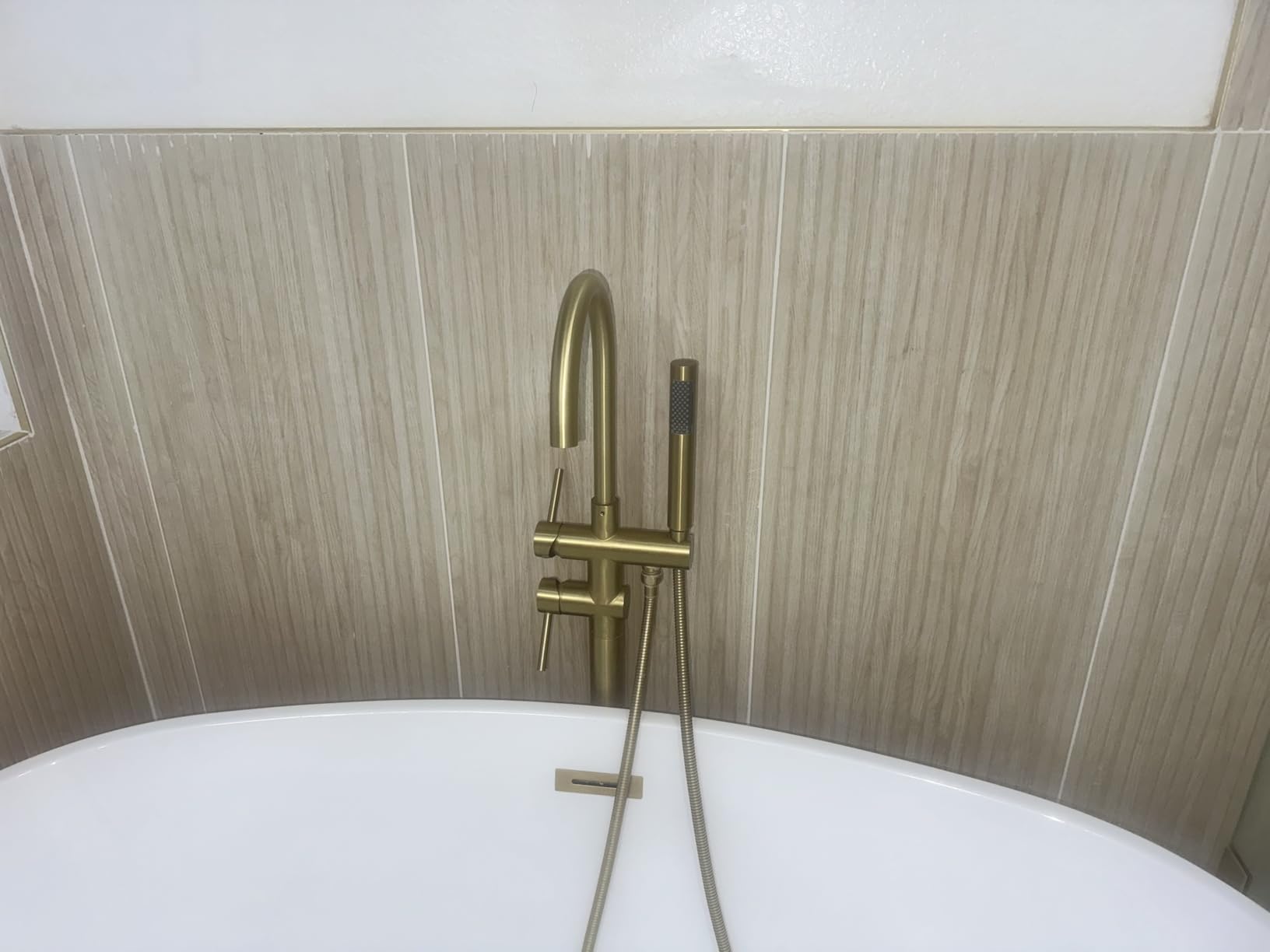 Freestanding Tub Faucet Floor Mount Tub Fillers, Senhozi Brushed Gold Free Standing Tub Faucets, Mixer Tap Two Handle Gold Freestanding Bathtub Faucet with Hand Shower, SE-3001-BG customer photo 1