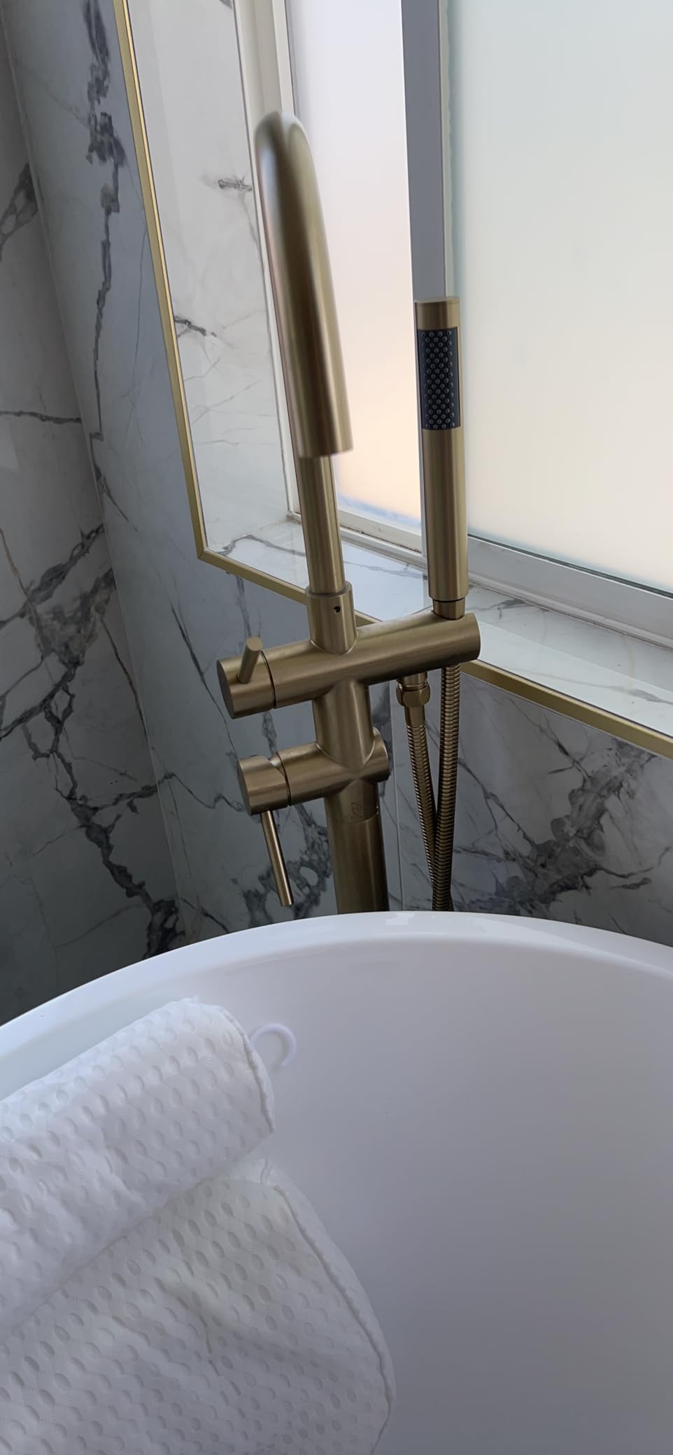 Freestanding Tub Faucet Floor Mount Tub Fillers, Senhozi Brushed Gold Free Standing Tub Faucets, Mixer Tap Two Handle Gold Freestanding Bathtub Faucet with Hand Shower, SE-3001-BG customer photo 2