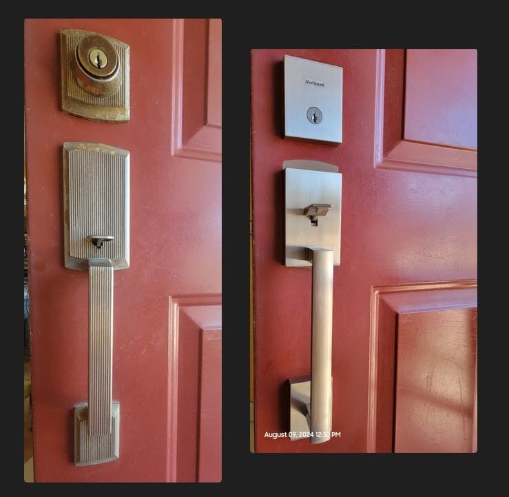 Kwikset San Clemente Front Door Lock Handle and Deadbolt Set, Entry Handleset Exterior with Interior Reversible Lever, Satin Brass, Pick Resistant SmartKey Deadbolt Security, with Microban Protection customer photo 1