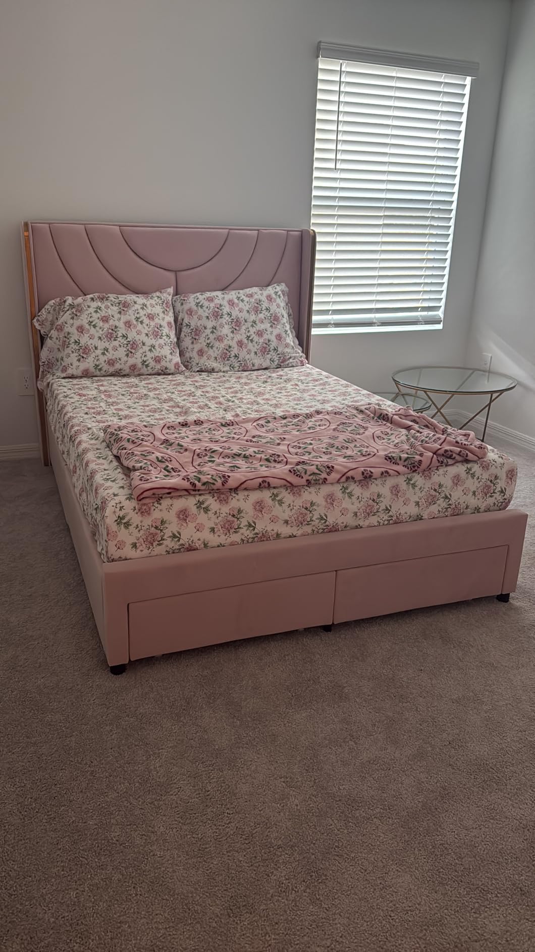 HITHOS Queen Upholstered LED Bed Frame with 2 Storage Drawers, Velvet Platform Bed with Wingback Headboard, Solid Wooden Slats Support, No Box Spring Needed, Headboard Splicing Design, Beige customer photo 1