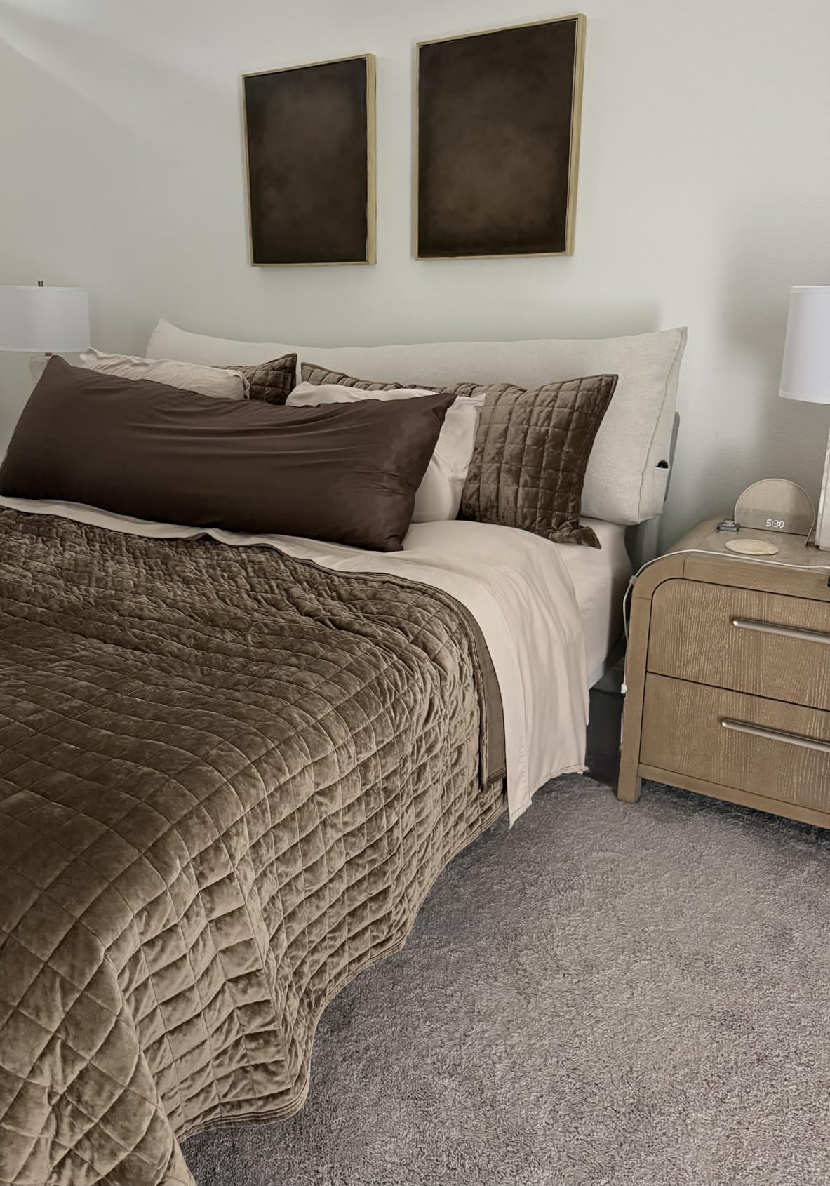 RECYCO Luxury Velvet Quilt Set Full Queen Size Bedding Sets, Ultra Soft Velvet Comforter Set, Lightweight Channel Box Stitch Oversized Bedspread Coverlet for All Season, with 2 Shams, Beige customer photo 1