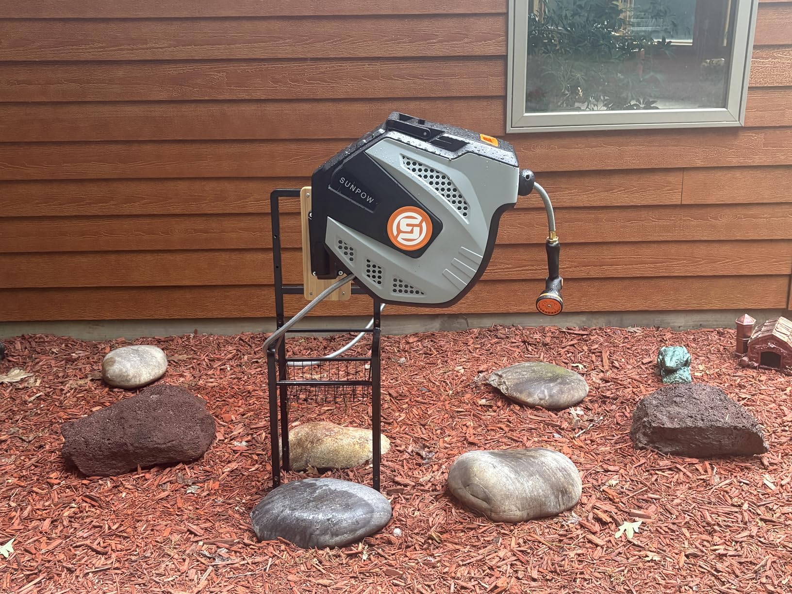 SUNPOW Retractable Garden Hose Reel - 1/2 inch x 50ft Heavy Duty Wall Mounted Hose Reel with 3/4 inch Brass Fitting and 10 Sprayer Nozzle - Any Length Lock, Auto Rewind System, 180 Degree Swivel Bracket - Grey customer photo 2
