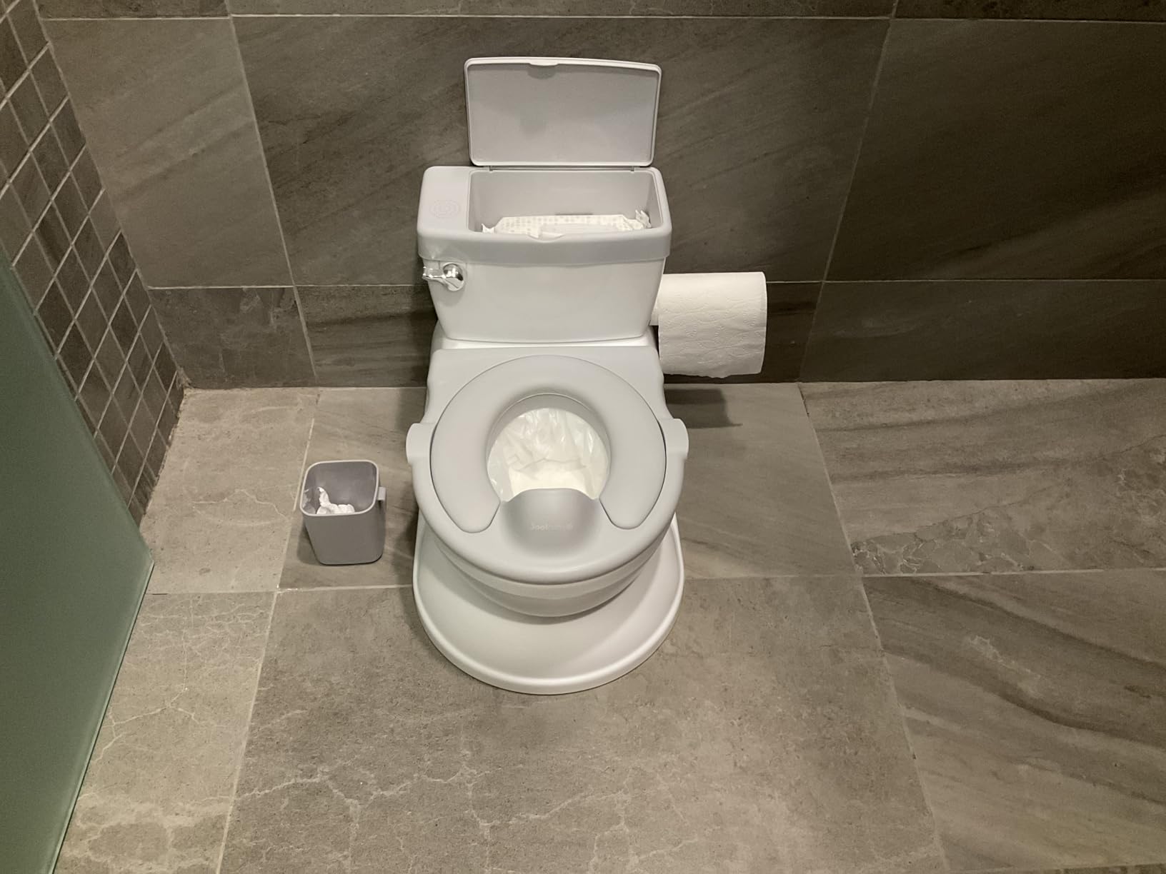 Jool Baby Real Feel 2-in-1 Potty with Wipes Storage, Flushing Sounds & Disposable Liners - Realistic Toilet - Easy to Clean & Assemble (Gray) customer photo 1