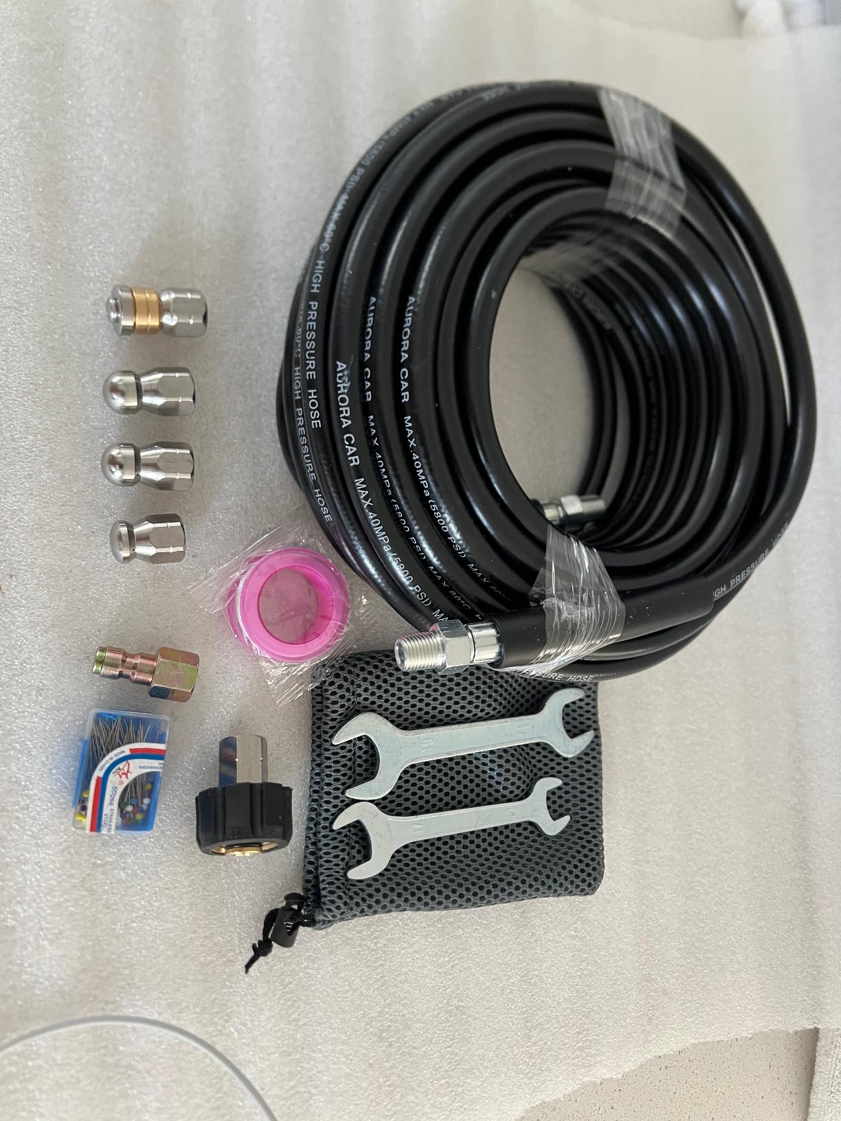 Sewer Jetter Kit for Pressure Washer 30FT, Drain Cleaner Hose 1/4 Inch NPT Corner, Rotating and Button Nose Sewer Jetting Nozzle Kit Waterproof Tape Pearl Corsage Pin and Spanners, 5800PSI customer photo 1