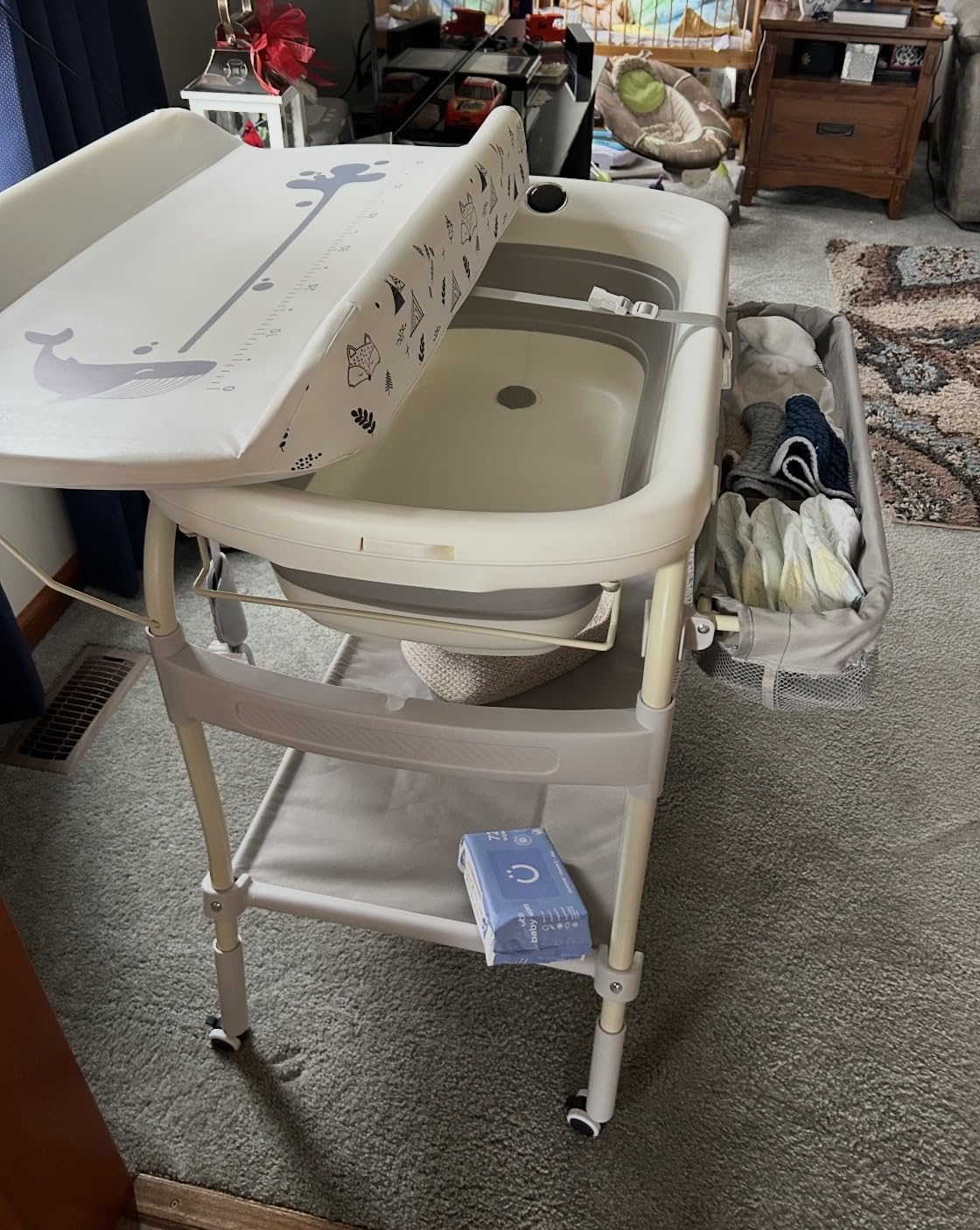 2 in 1 Baby Bathtub with Changing Table, DEYGIA Waterproof Diaper Changing Station Portable Changing Table Adjustable Height Nursery Organizer with Storage Racks for Newborn Infant Toddler customer photo 1