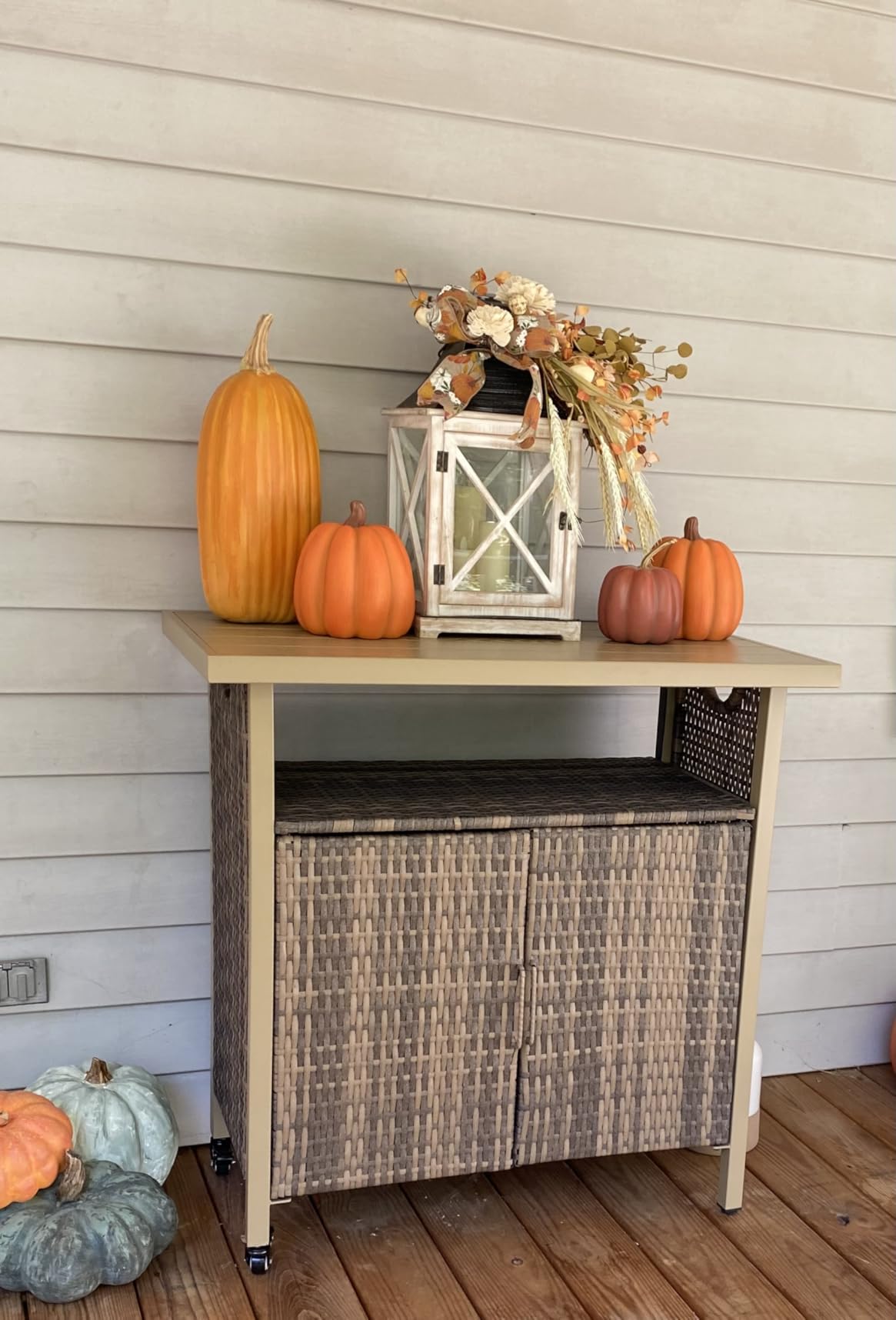 HOMEFUN Outdoor Bar Cart Table - Patio Console Storage Cabinet BBQ Grill Carts Buffet with Wheels Waterproof Wicker Serving Tables for Outside, Black customer photo 2