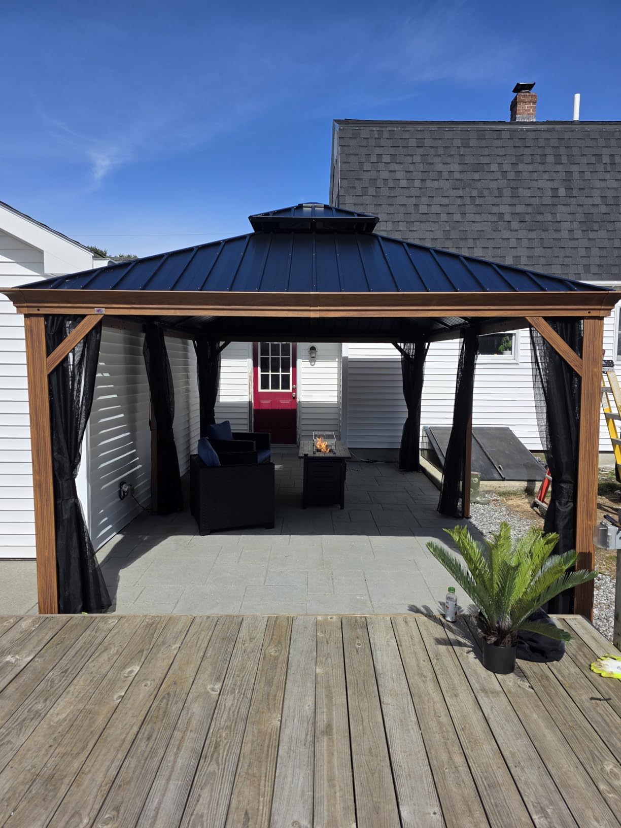 Purple Leaf 12' X 14' Outdoor Hardtop Gazebo for Patio Galvanized Steel Double Roof Permanent Canopy Teak Finish Coated Aluminum Frame Pavilion Gazebo with Netting customer photo 1