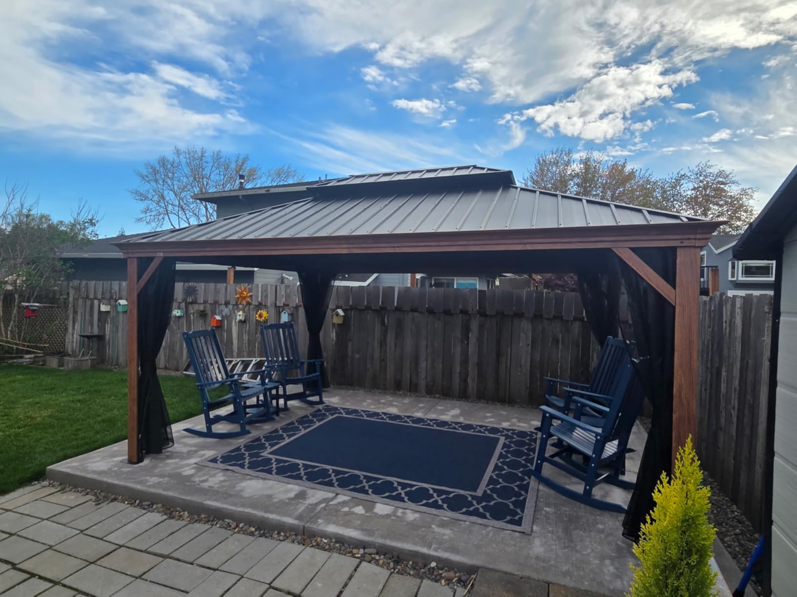 Purple Leaf 12' X 14' Outdoor Hardtop Gazebo for Patio Galvanized Steel Double Roof Permanent Canopy Teak Finish Coated Aluminum Frame Pavilion Gazebo with Netting customer photo 2