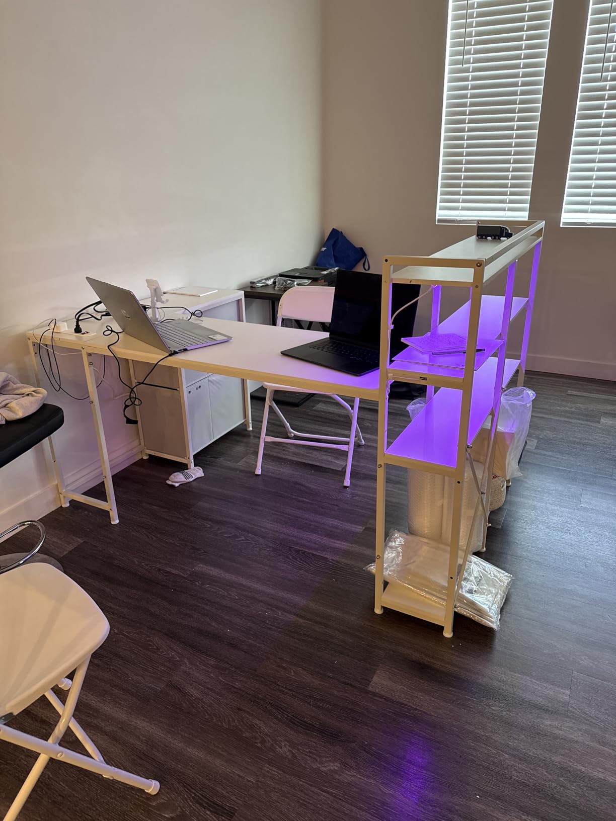 SEDETA Corner Computer Desk, Reversible U Shaped Office Desk with 3 Fabric Drawers and Power Outlet, Corner Gaming Desk with LED Lights, Storage Shelves, Grey customer photo 1