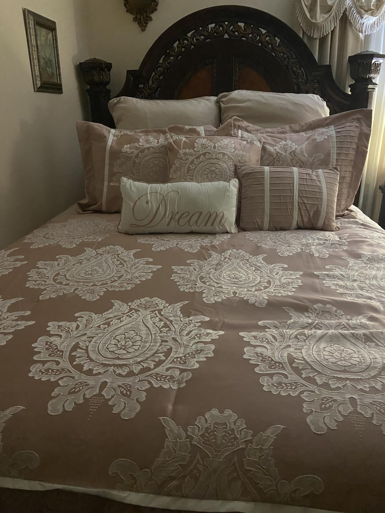 LANCO MODERN LIFESTYLE Beige Queen Comforter Set 7 Pieces, Jacquard Woven with Damask, Bedding Set in a Bag Includes Comforter, Bed Skirt, Pillow Shams, and Decorative Pillows customer photo 2