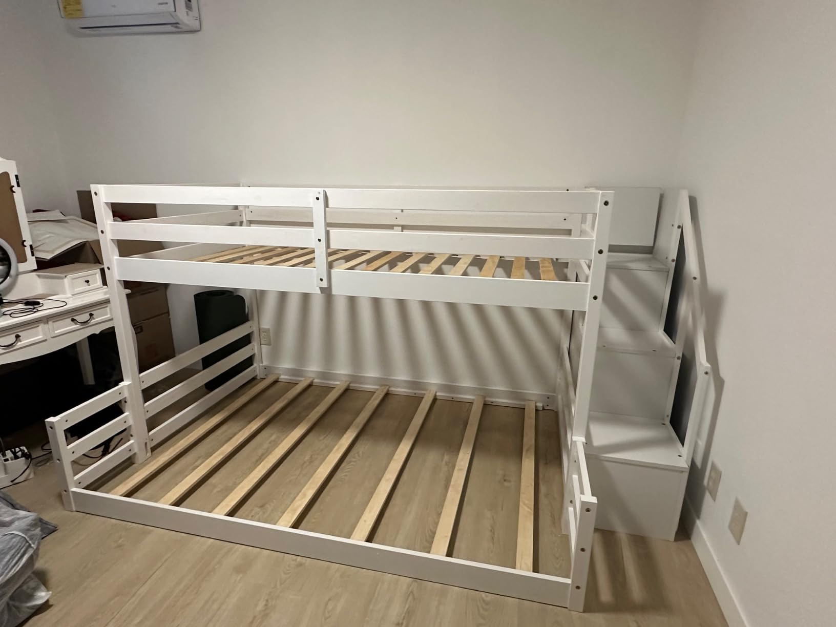 Giantex Full Over Full Bunk Bed with Stairs, Solid Wood Floor Bunk Bed with Storage Staircase & Full-Length Guardrails, Low Bunk Bed for Kids, Teens, Adults, Dorm, Small Space, White customer photo 1