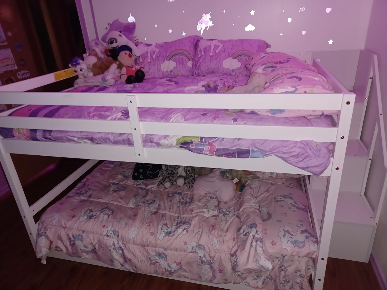 Giantex Full Over Full Bunk Bed with Stairs, Solid Wood Floor Bunk Bed with Storage Staircase & Full-Length Guardrails, Low Bunk Bed for Kids, Teens, Adults, Dorm, Small Space, White customer photo 2