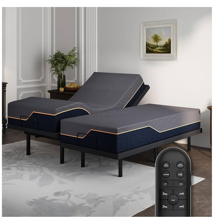 Dyonery Split King Adjustable Bed Frame with 14 inch Cooling Copper Memory Foam Mattress, Wireless Remote & Head and Foot Incline, CertiPUR-US Certified & Fiberglass Free, Zero Gravity, 80