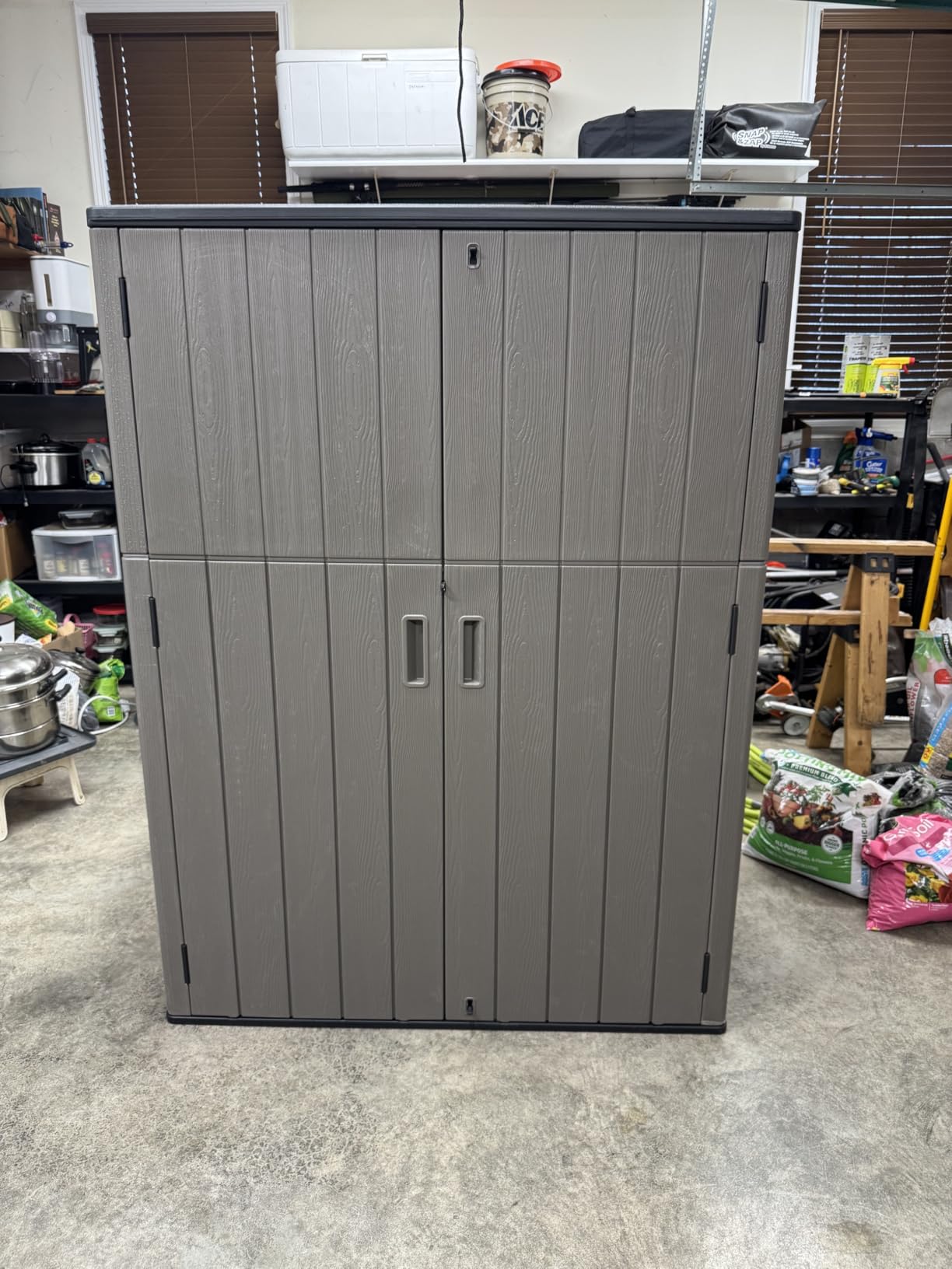 KINYING Outdoor Vertical Storage Shed, 57 Cu.ft Outdoor Storage Cabinet Waterproof, Resin Sheds & Outdoor Storage Clearance for Garden, Patio, Backyard, Lockable (Black) customer photo 1