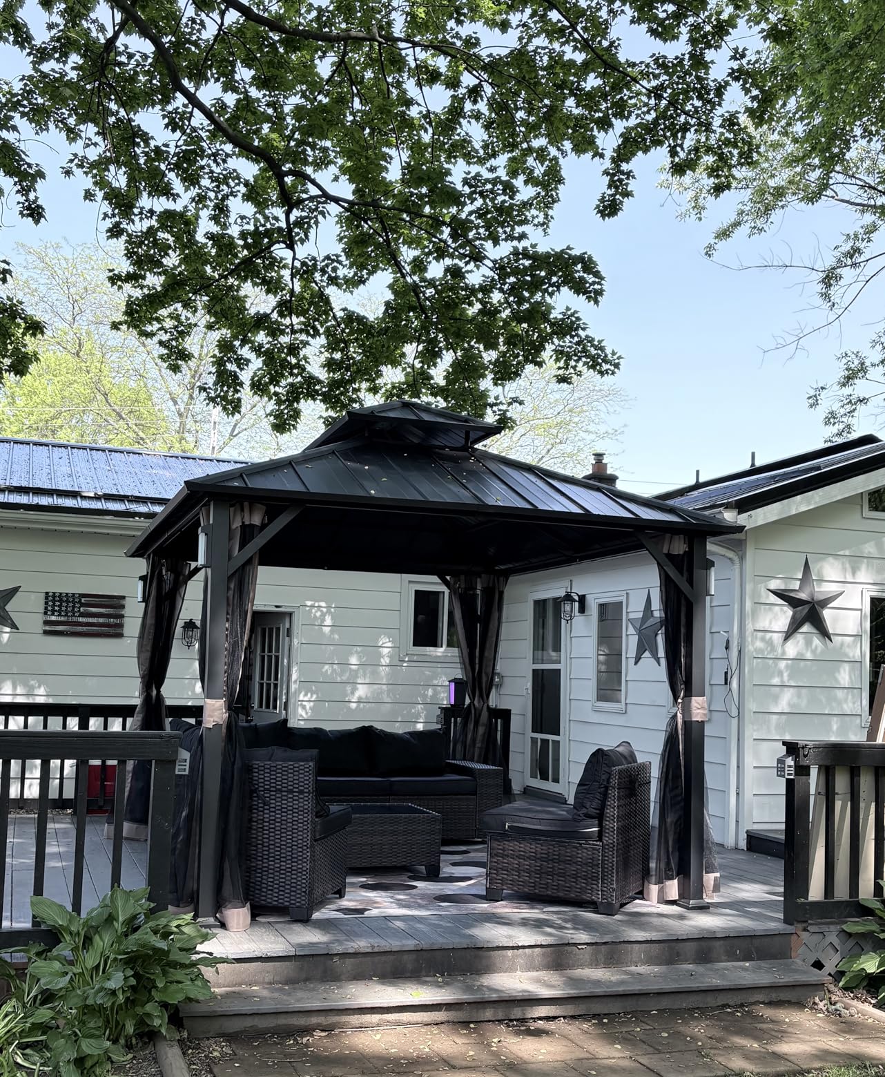 Modern Shade The Horizon Hardtop Gazebo 10' x 12' with 4 LED Lights, Permanent Outdoor Gazebo with Galvanized Steel Double Roof, Grill Pavilion with Decor Hooks, Mosquito Nettings, Black customer photo 2