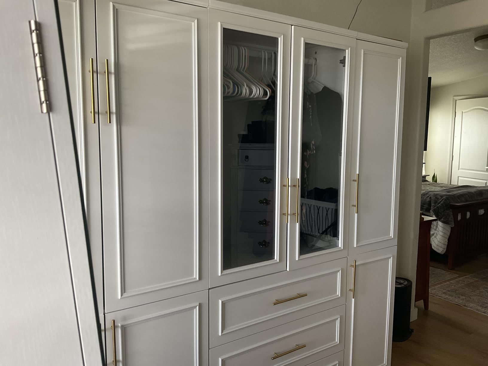 FUFU&GAGA Wardrobe Closet Collection with Doors, Modern White Bedroom Armoire System with Gold Handles, Modern Clothes Storage Cabinet with Drawers, Shelves, Hanging Rods, 79.1