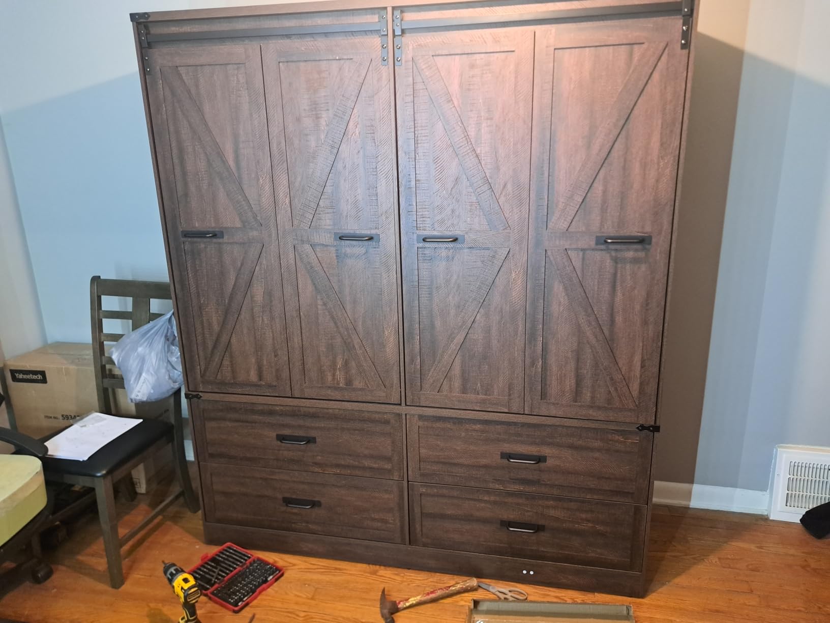 Farmhouse 4 Doors Armoire Wardrobe Closet w/Folding Sliding Barn Door and Lights, LED Armoire Closet w/Drawers for Bedroom, Freestanding Wooden Wardrobe Storage Closets w/Hanging Rod, Rustic Brown customer photo 2