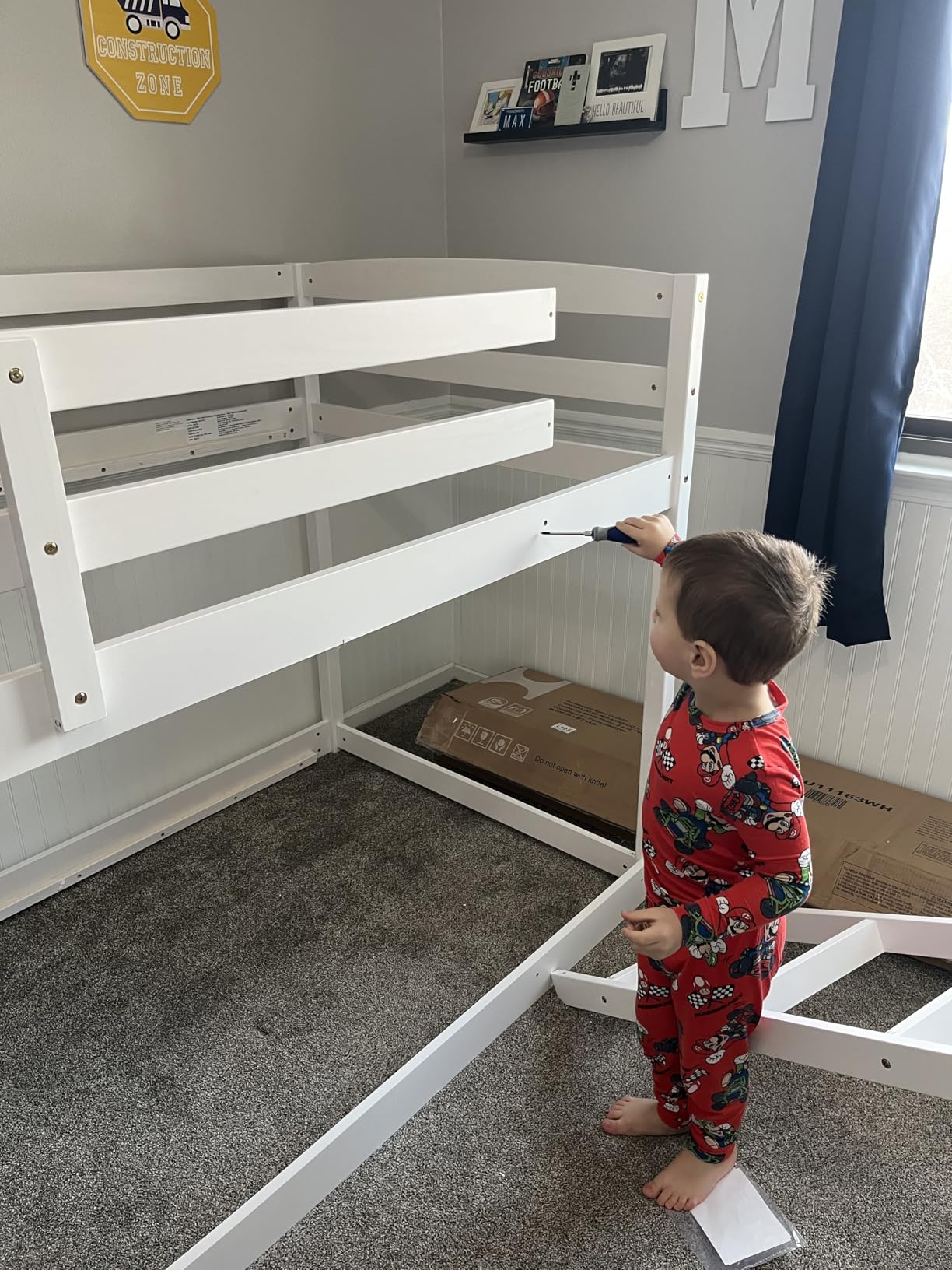 GIANTEX Full Over Full Bunk Bed, Solid Wood Kids Bunk Bed with Full-Length Guardrails, Integrated Ladder & Anti-Tippling Kits, Low Bunk Beds with Slats Support for Kids, Teens, White customer photo 1