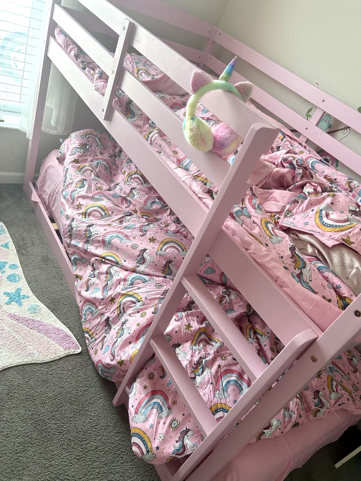 GIANTEX Full Over Full Bunk Bed, Solid Wood Kids Bunk Bed with Full-Length Guardrails, Integrated Ladder & Anti-Tippling Kits, Low Bunk Beds with Slats Support for Kids, Teens, White customer photo 2