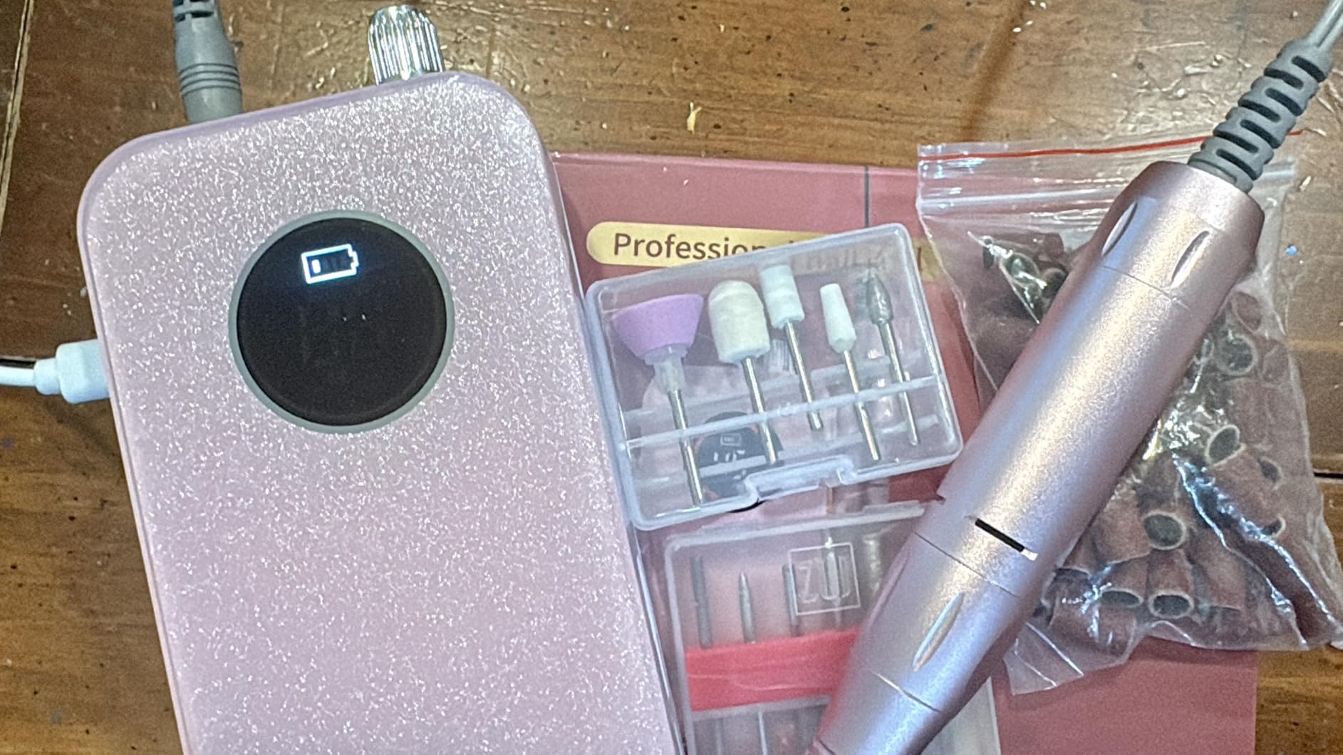 Professional Nail Drill Electric File 45000RPM, Portable Rechargeable Electric Nail File with 11 Drill Bits & 50 Sanding Bands, Low Noise Nail Drill Kit for Acrylic Gel Nails, Salon & Home Use, Pink customer photo 2