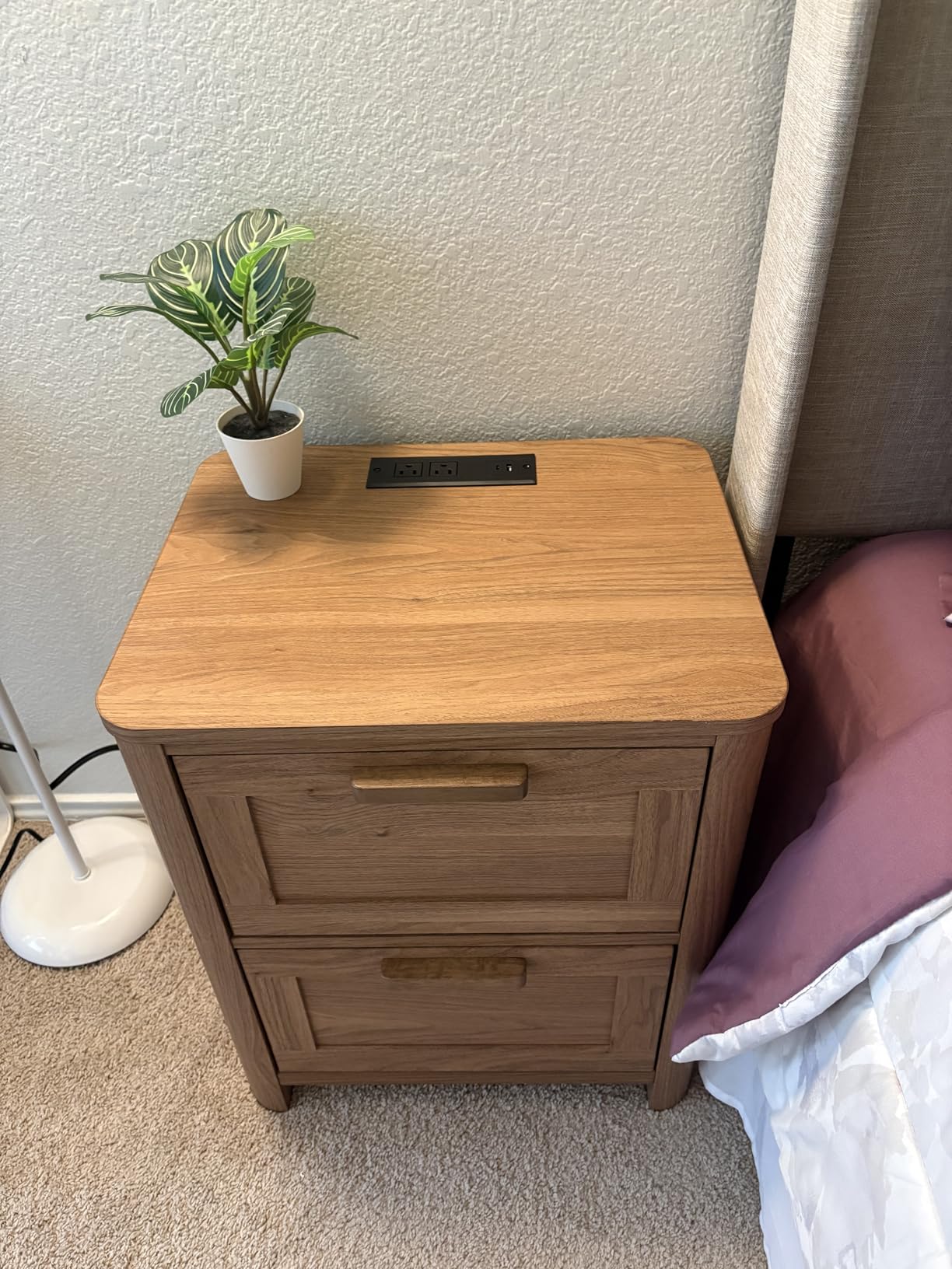 Joaxswe Farmhouse Nightstand Set of 2 with Charging Station, End Tables Bedroom with 2 Large Drawers & 4 Thickened Table Legs, Brown customer photo 1