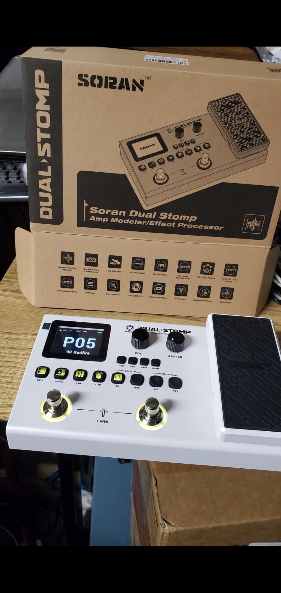 SORAN Dual Stomp Multi Effects Guitar Pedals, Rechargeable Multi Effects Processor with Expression Wah Volume 99 Presets 126 Effects 40s Loop 100 Drums 20 IR/NAM Slots USB Audio Record customer photo 2