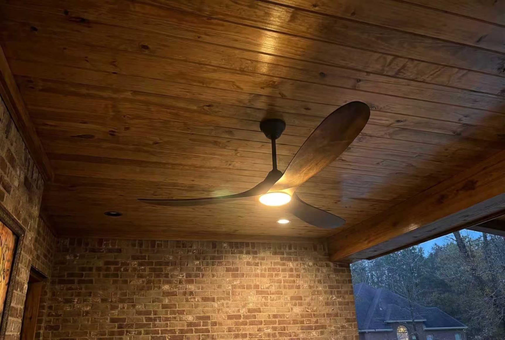 Wall Switch-60 inch Outdoor Ceiling Fan with Light Remote for Patios, Wet Rated Wood 3-Blade Propeller Ceiling Fans, Smart APP, High CFM 6-Speed DC Motor for Exterior Indoor, 3 LED Glass Lamp, Walnut customer photo 1