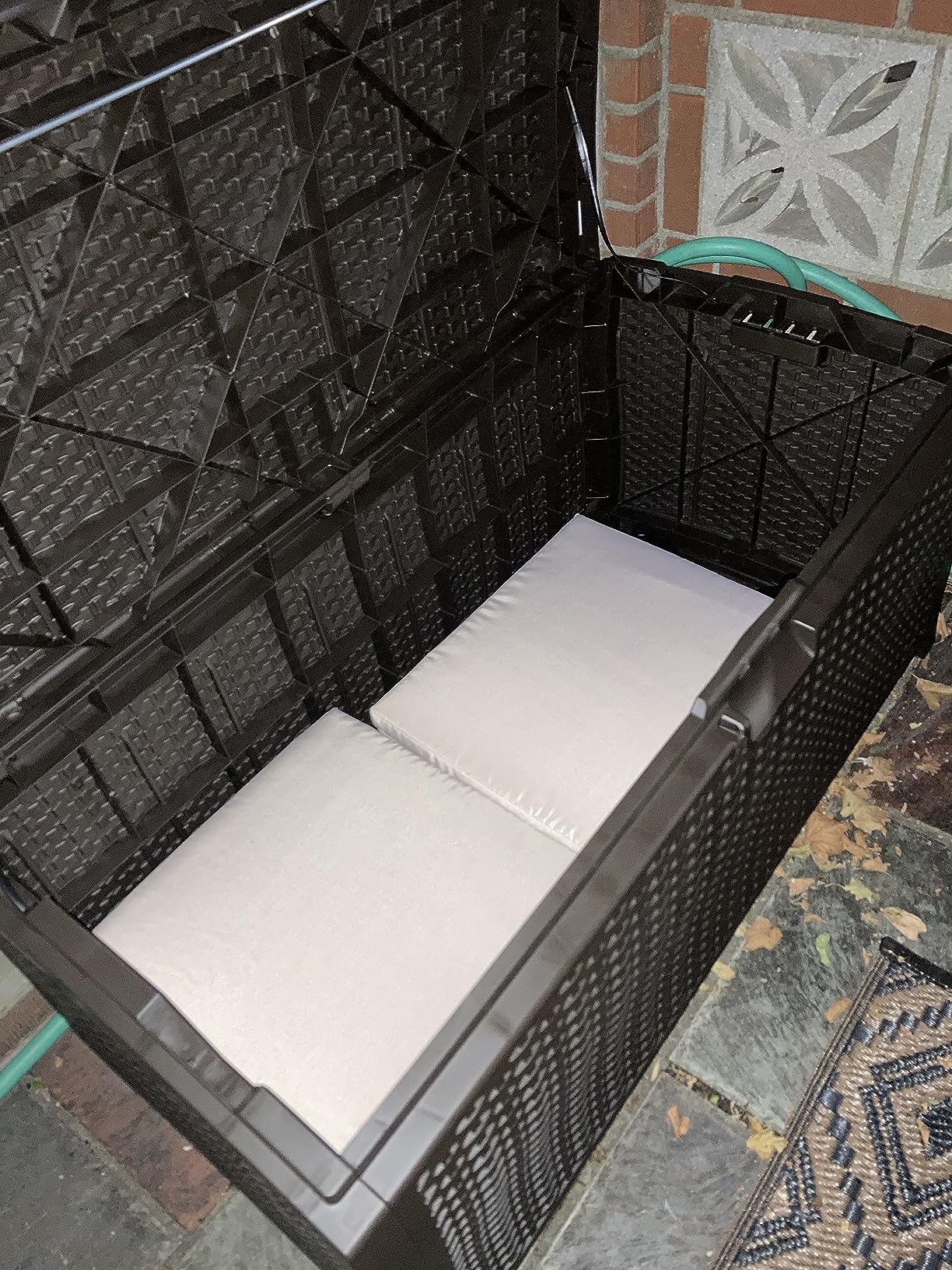 Suncast Outdoor Storage Box - 73 Gallon Mocha Brown Deck Box for Patio, weather-resistant Outdoor Storage Bench, Resin Wicker Style, Heavy-Duty, Lockable Lid for Cushions, Shoes, Pool & Garden Gear customer photo 2