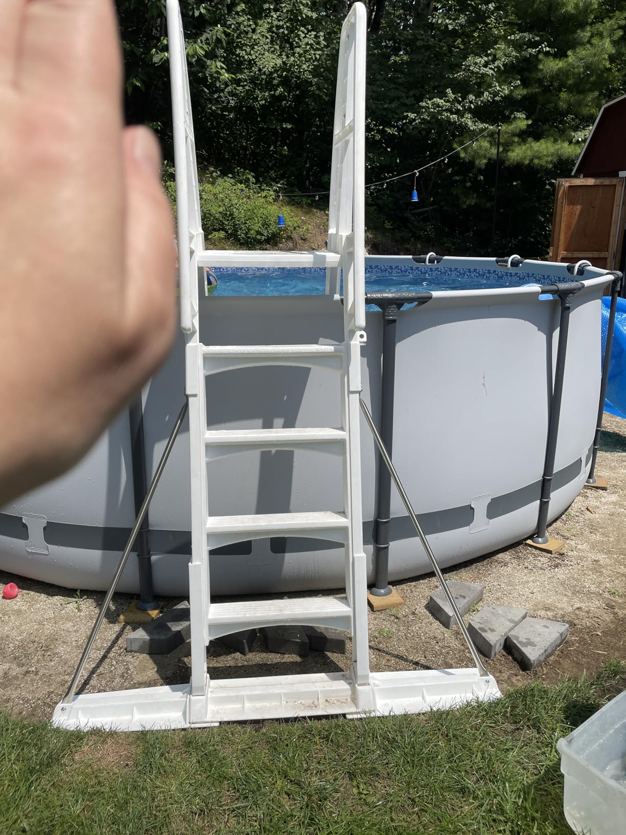 Vinyl Works SLA A-Frame 48 to 56 Inch Adjustable Above Ground Swimming Pool Ladder Entry System with Slide Lock Barrier and Handrails, White customer photo 2
