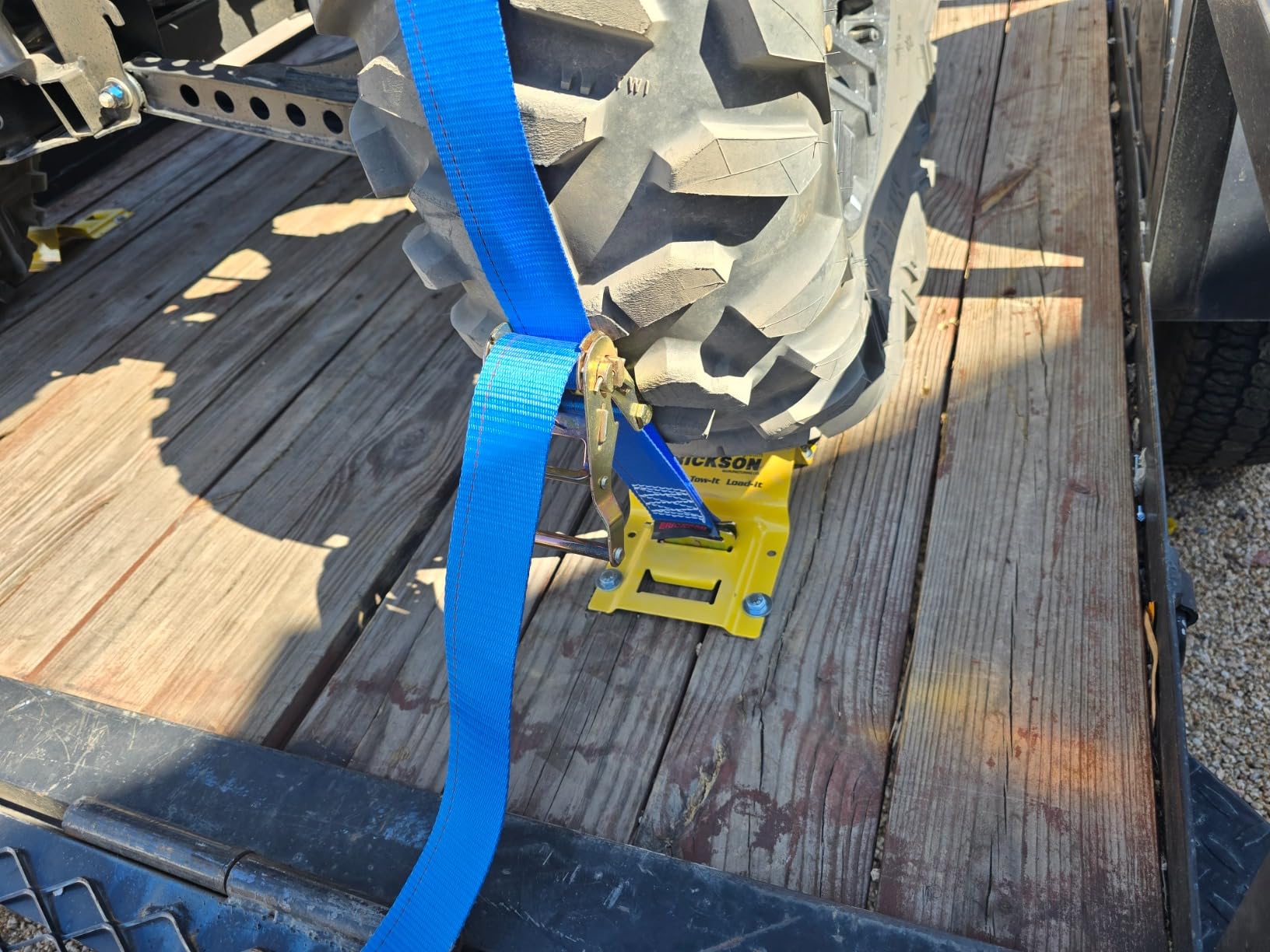 Erickson Wheel Chock Tie-Down Kit, 2 in x 7.5 ft, Double Slotted E-Fitting, Fits 10 in-30 in Tires, 1500 lb Ratchet Straps - Secures ATV, UTV, SxS, Mower & More customer photo 1