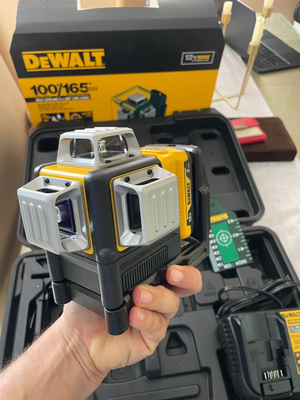 DEWALT Laser Level 360 Self Leveling, 3 Way Green Laser Leveler Tool 12V MAX with 2.0Ah Battery, Charger and Durable Carrying Case (DW089LG) customer photo 2