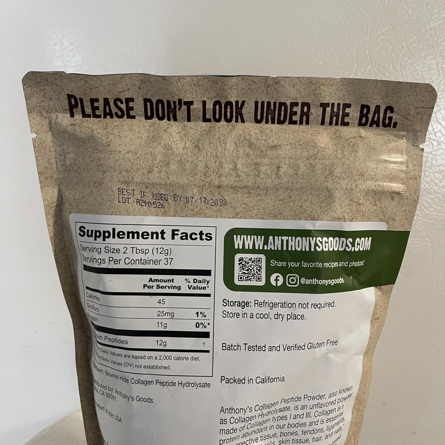Anthony's Collagen Peptide Powder, 1 lb, Pure Hydrolyzed, Gluten Free, Keto and Paleo Friendly, Grass Fed, Unflavored, Non GMO customer photo 1