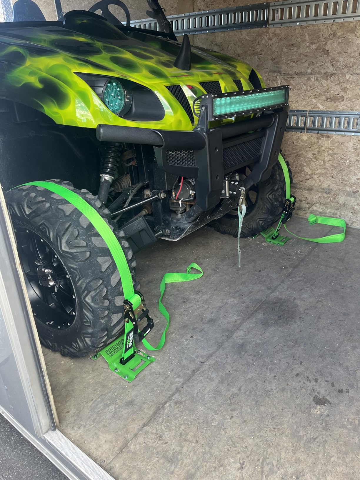Rhino USA Wheel Chock Tie Down Kit 4,500lb Break Strength (2) Heavy Duty Trailer Tire Ratchet Straps (4) Wheel Chocks - E Track System for ATV, UTV, Lawn Mower Four Wheeler - Green customer photo 2