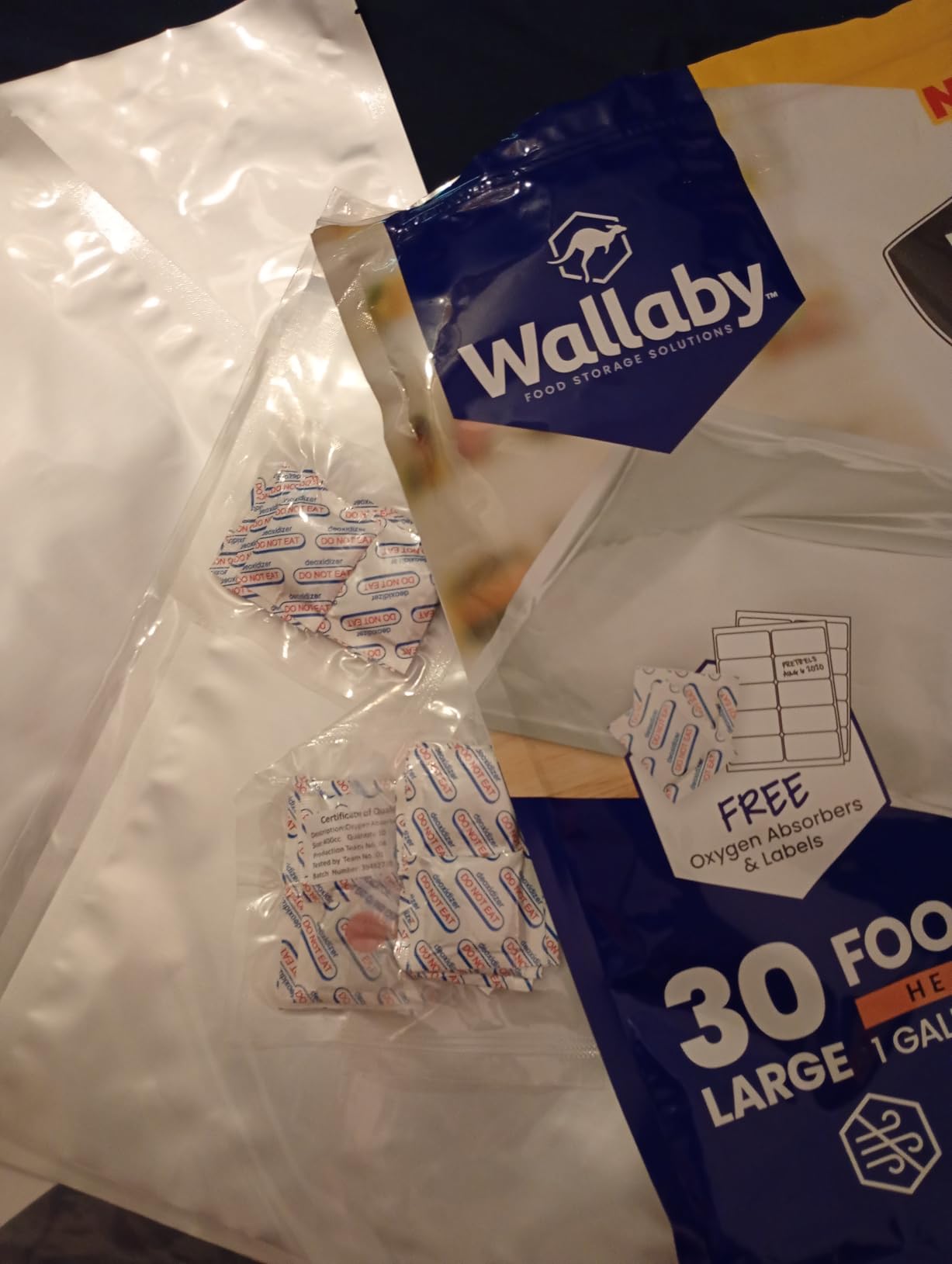 Wallaby 15 Count 5-Gallon Mylar Bags with 2500cc Oxygen Absorbers, 10 Mil Total Thickness Long-Term Food Storage Pouches, 20x30 Resealable Zipper Heat-Sealable Airtight Packaging - Silver customer photo 1