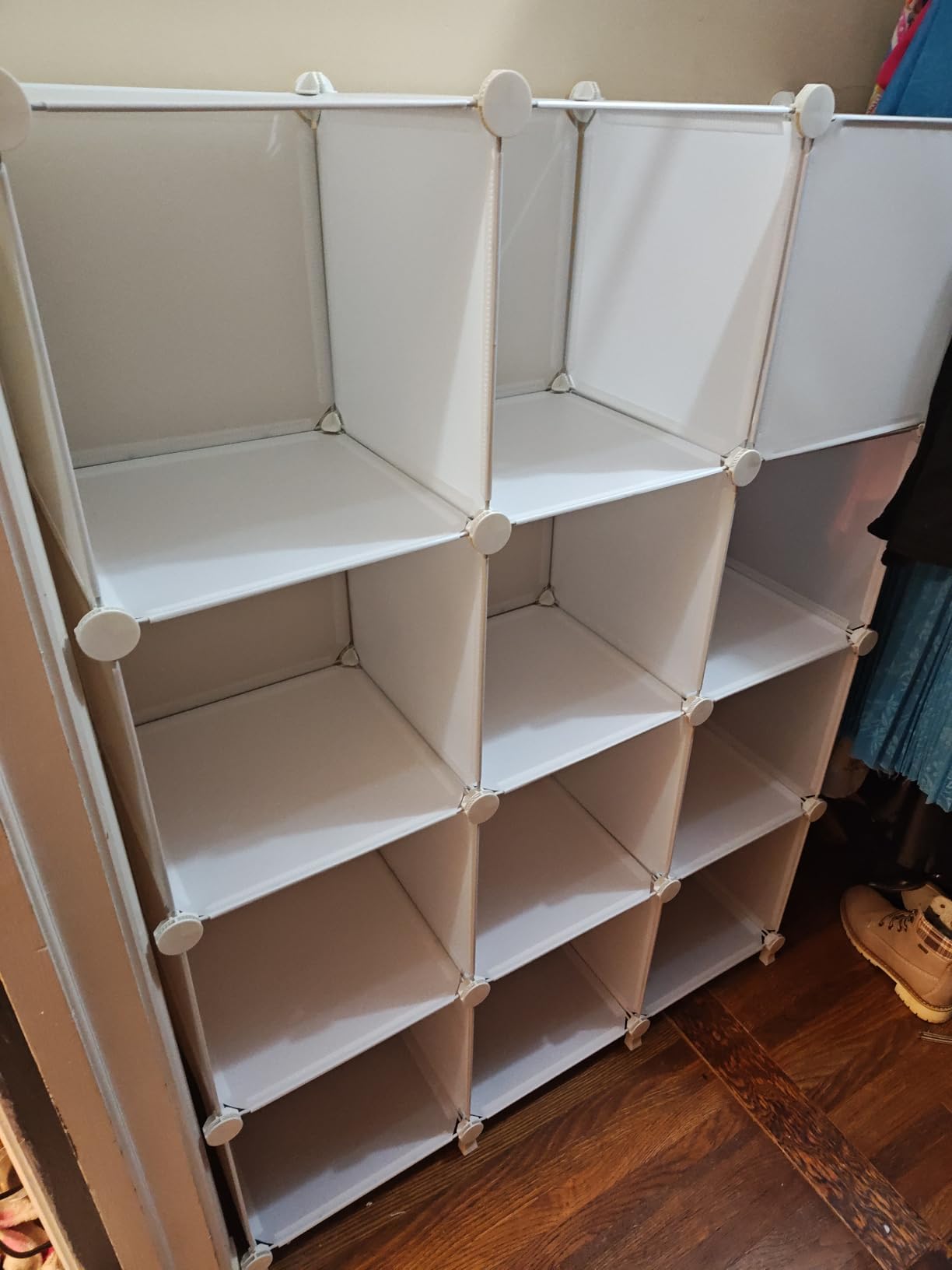 AWTATOS Cube Storage Organizer Storage 12 Cube Bookshelf DIY Plastic Closet Clothes Storage Shelves with Wooden Mallet, Stackable Storage Solution for Home, Bedroom, White customer photo 1