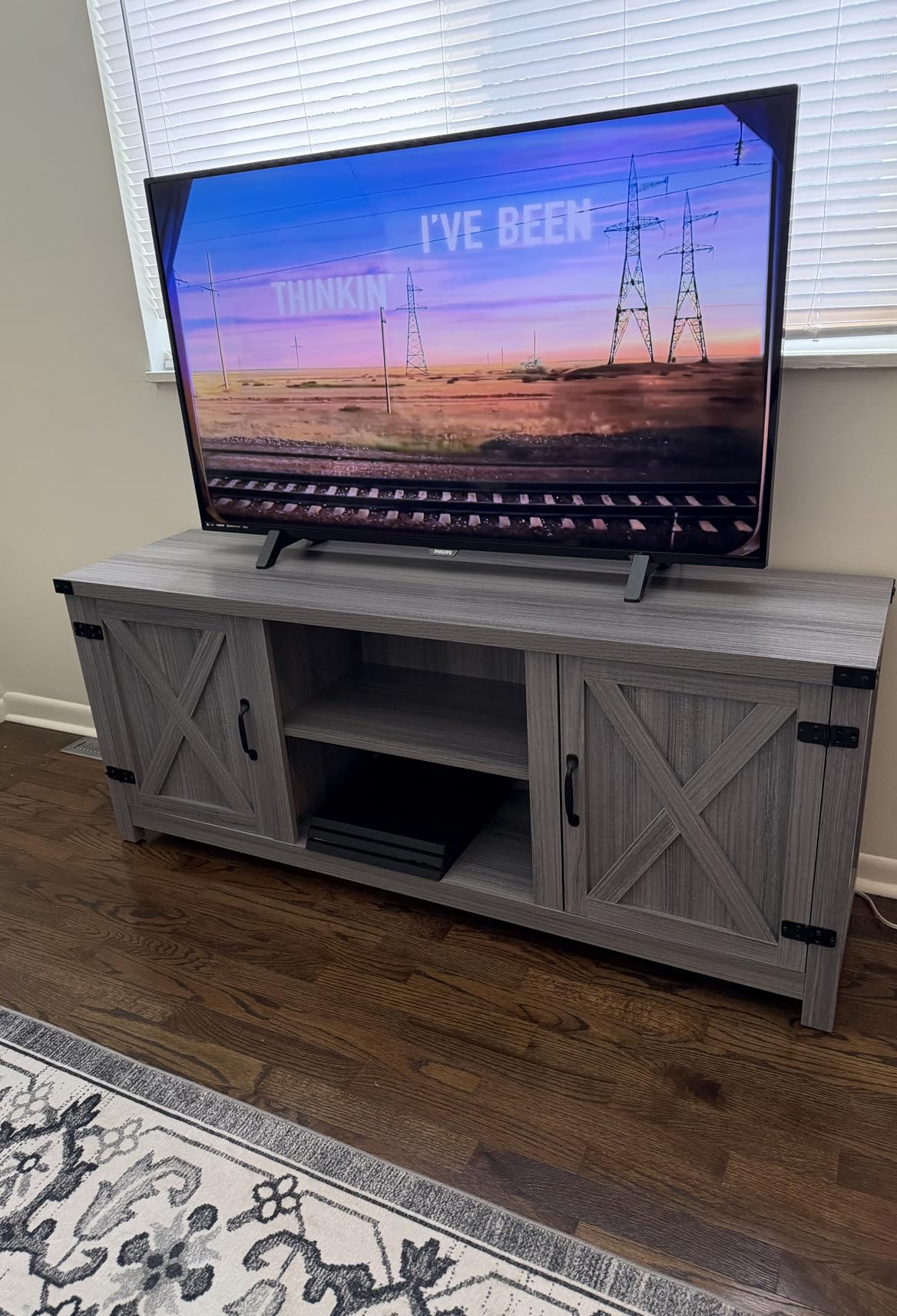 YESHOMY Modern Farmhouse TV Stand with Barn Door for 65 Inch TV, Gray Wash | Two Barn Doors and Storage Cabinets, 58 Inch Media Entertainment Center, Media Console Furniture for Living Room customer photo 1