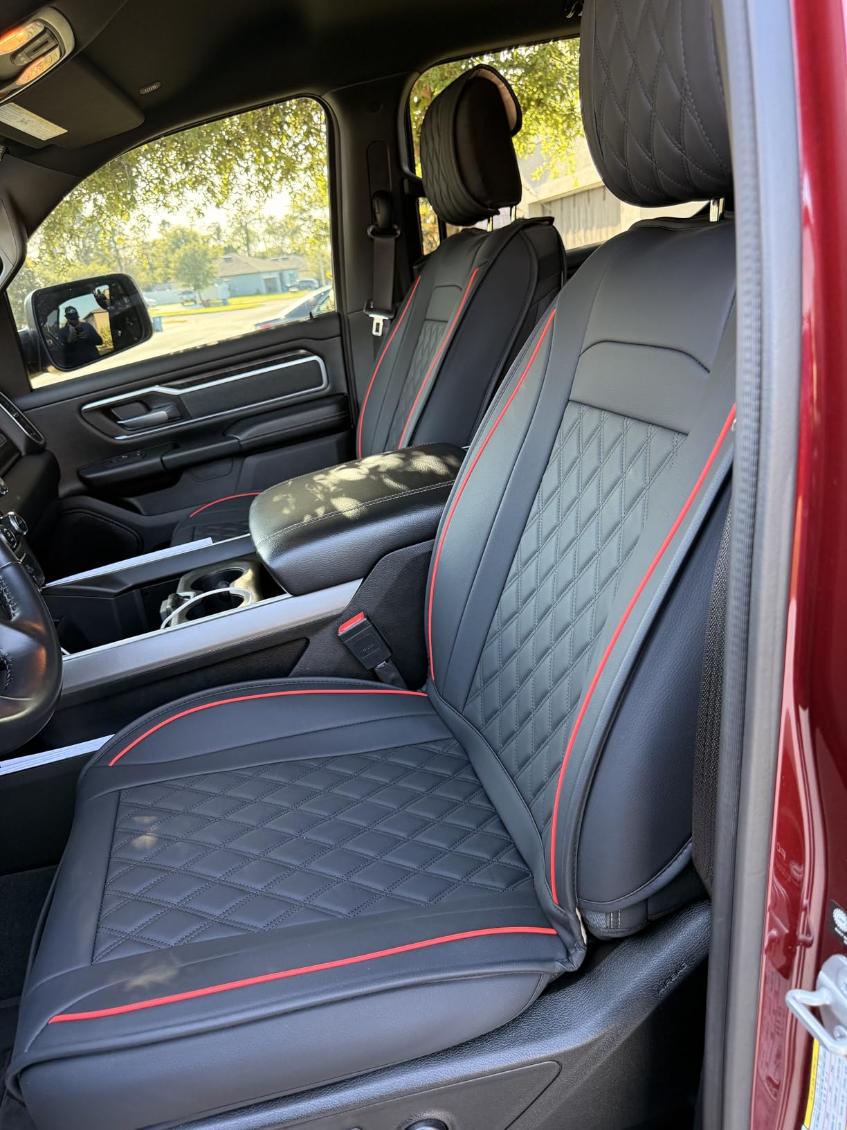 JOJOBAY Car Seat Covers for Dodge Ram,Fit 2009-2025 1500/2500/3500 HD Pick-up Truck,Crew,Regular,Quad,Mega Cab,Waterproof Synthetic Leather Seat Covers(5PCS-Full Set,Black-Brown) customer photo 1