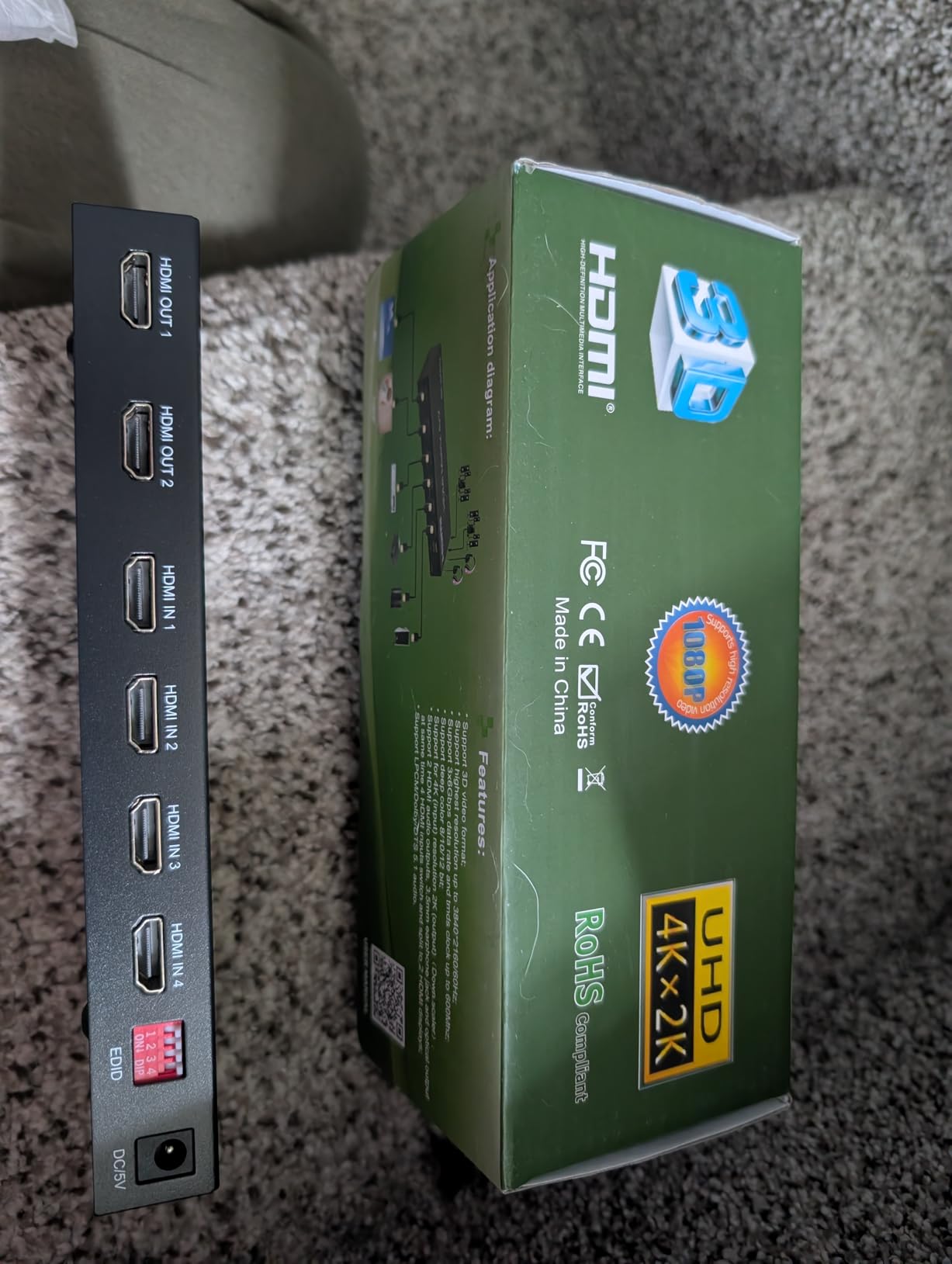 4x2 HDMI Matrix, 4K@60Hz 4 in 2 Out HDMI Switch Splitter with IR Remote, HDMI Matrix Switch + Optical + 3.5mm Audio Output, Support HDMI2.0, HDCP2.2, Auto Downscaler, 3D, Audio Extractor customer photo 1