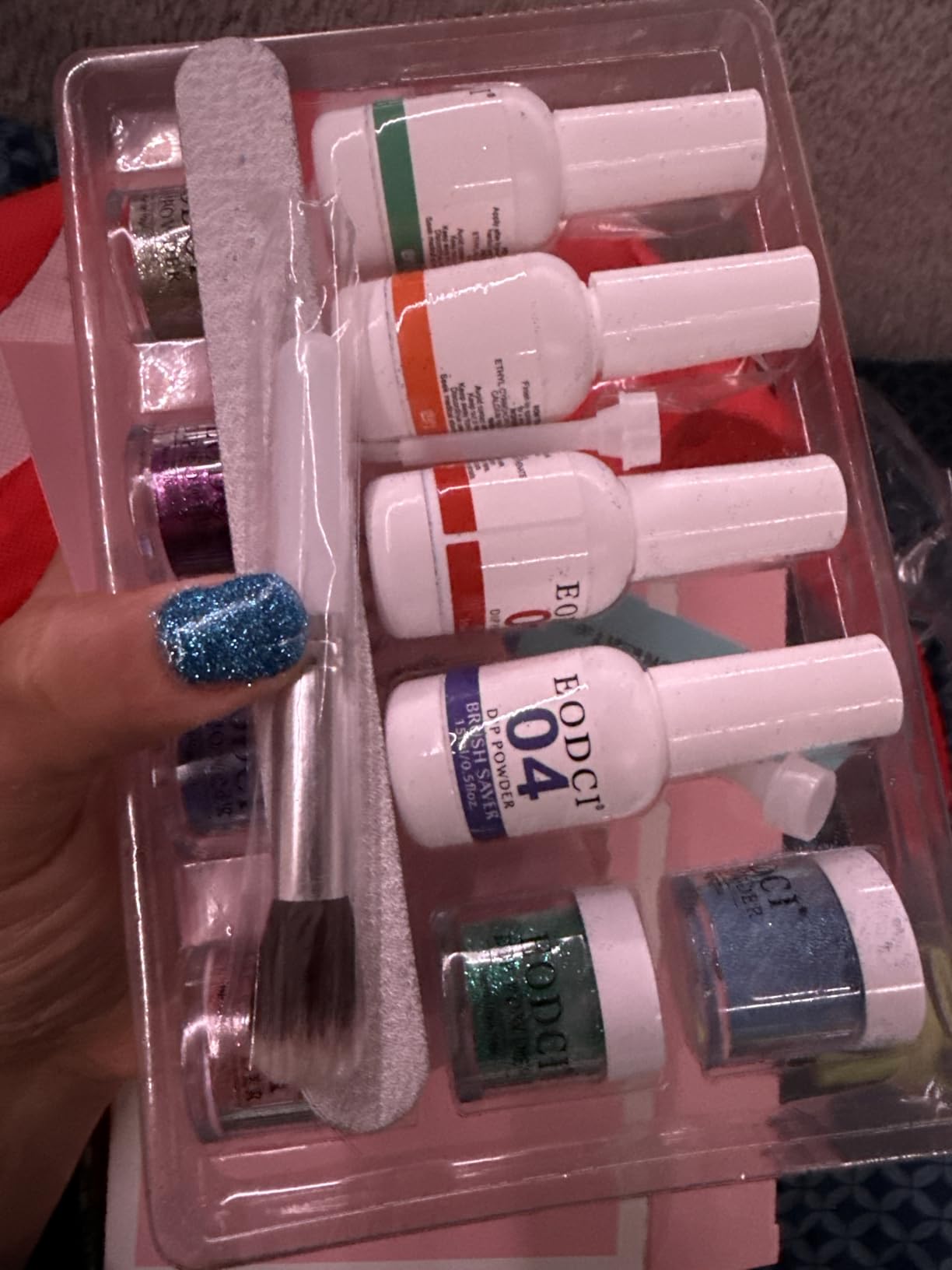 Eodci 12 Pcs Dip Powder Nail Kit Starter, 6 Colors Glitter Blue Snow Dipping Powder Kit With Base & Top Coat/Activator/Brush Saver, Nail Art Manicure Salon DIY for Daily at Home Party Gifts for Women customer photo 2