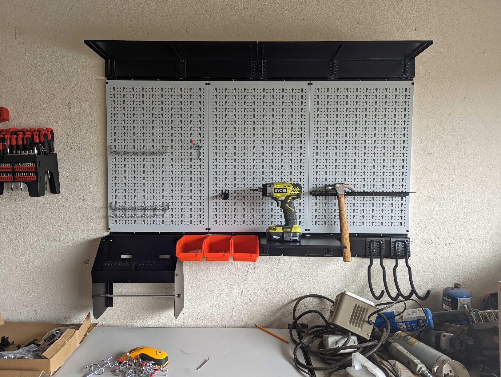 Ultrawall Peboard Storage Organizer, 48x36 inch Pegboard Wall Organizer, Metal Garage Peg Board with Toolboard, Utility Hooks, Overhead Shelf, 105pcs customer photo 2